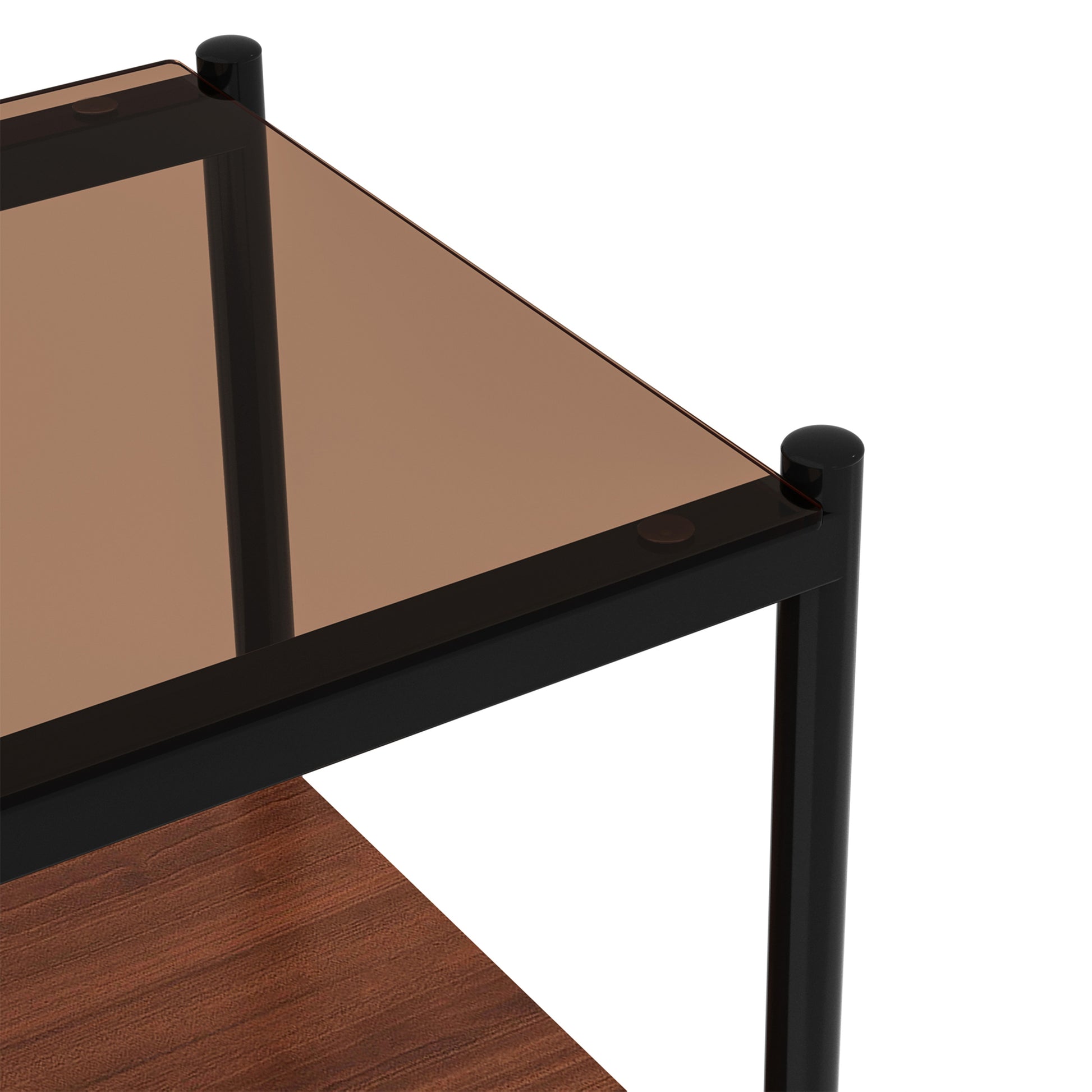Modern black frame side table with smoked glass top and wood shelf