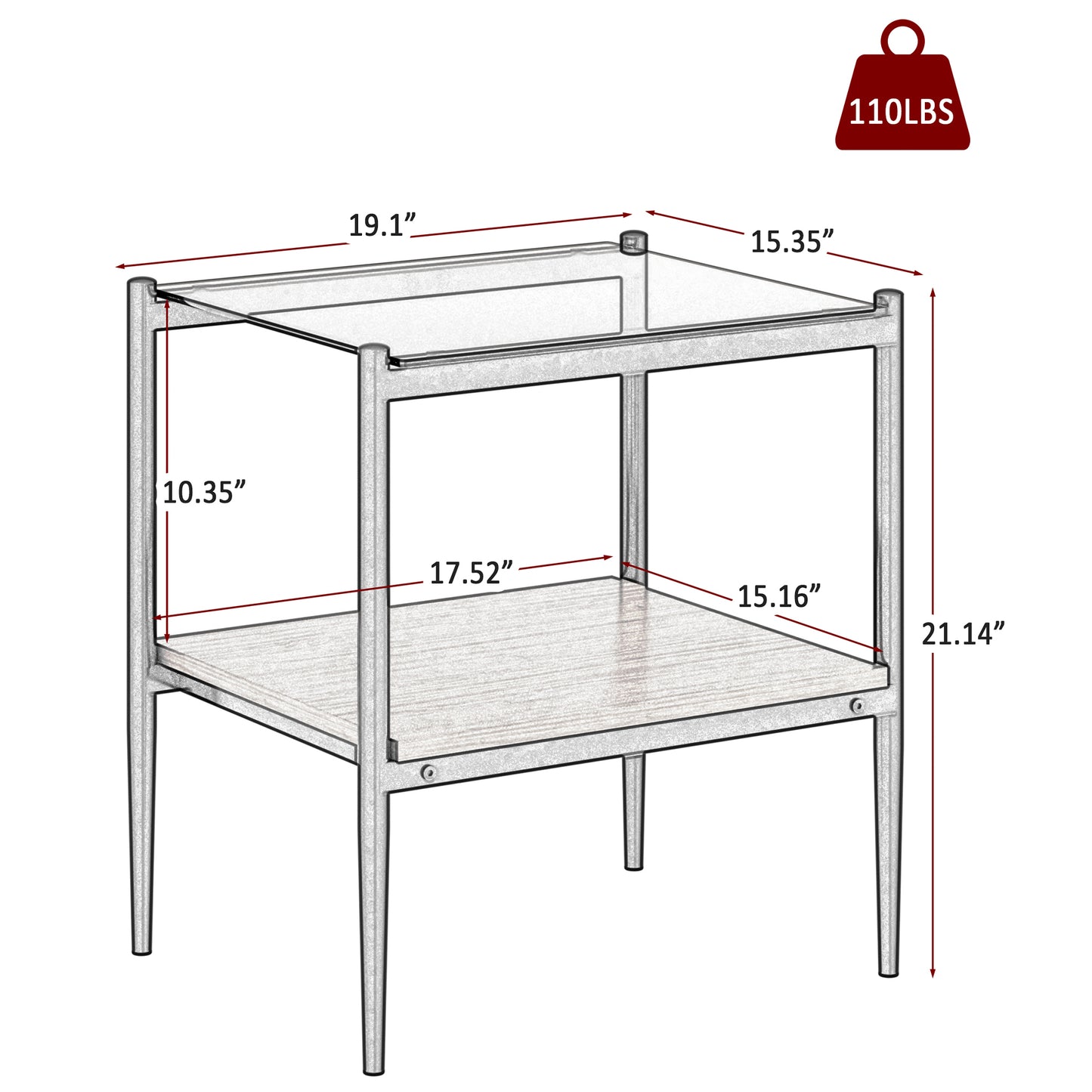 Twotier end table with glass top light wood shelf and metal frame