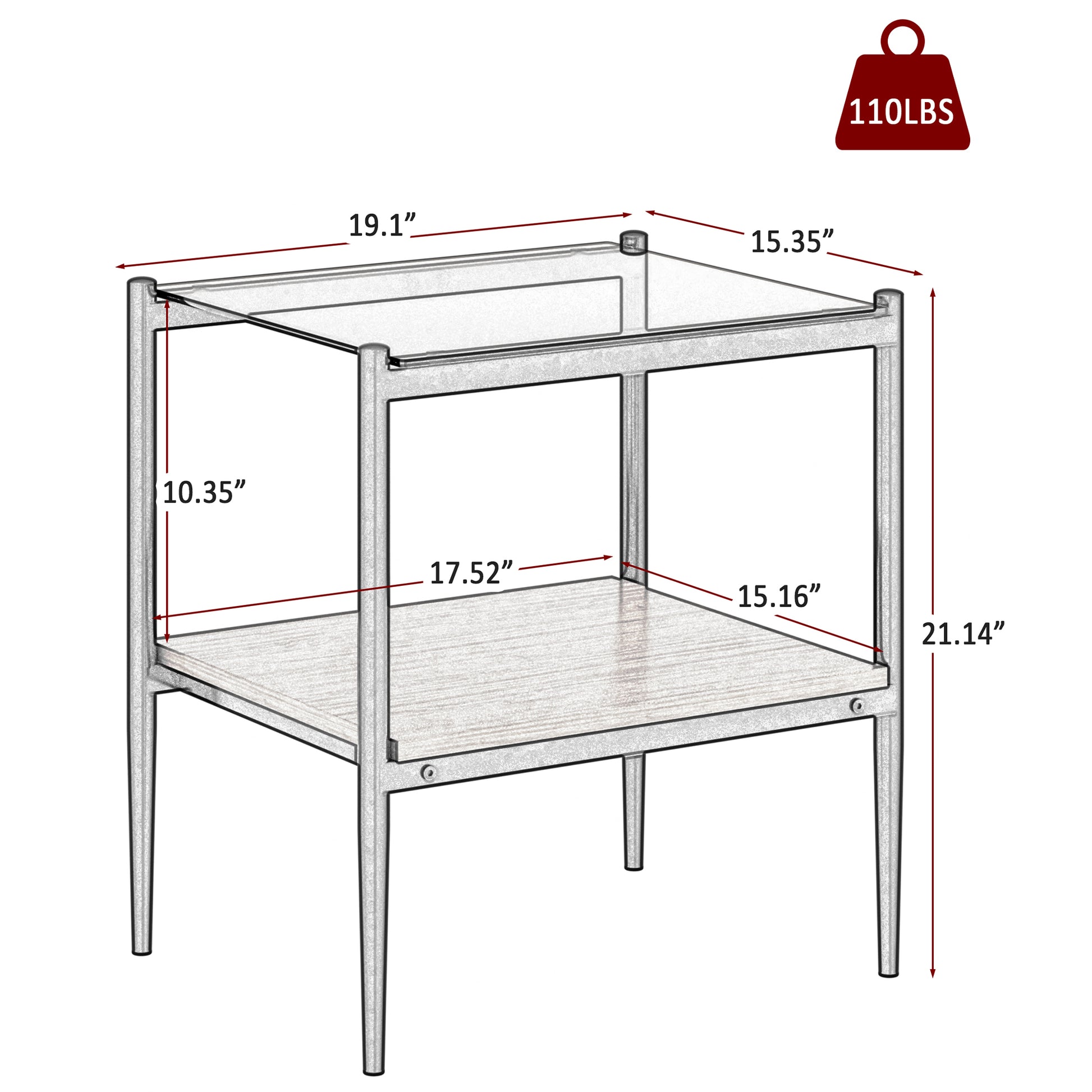 Twotier end table with glass top light wood shelf and metal frame