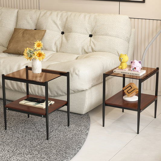 Dark brown wood and glass end table with metal frame Perfect for living rooms