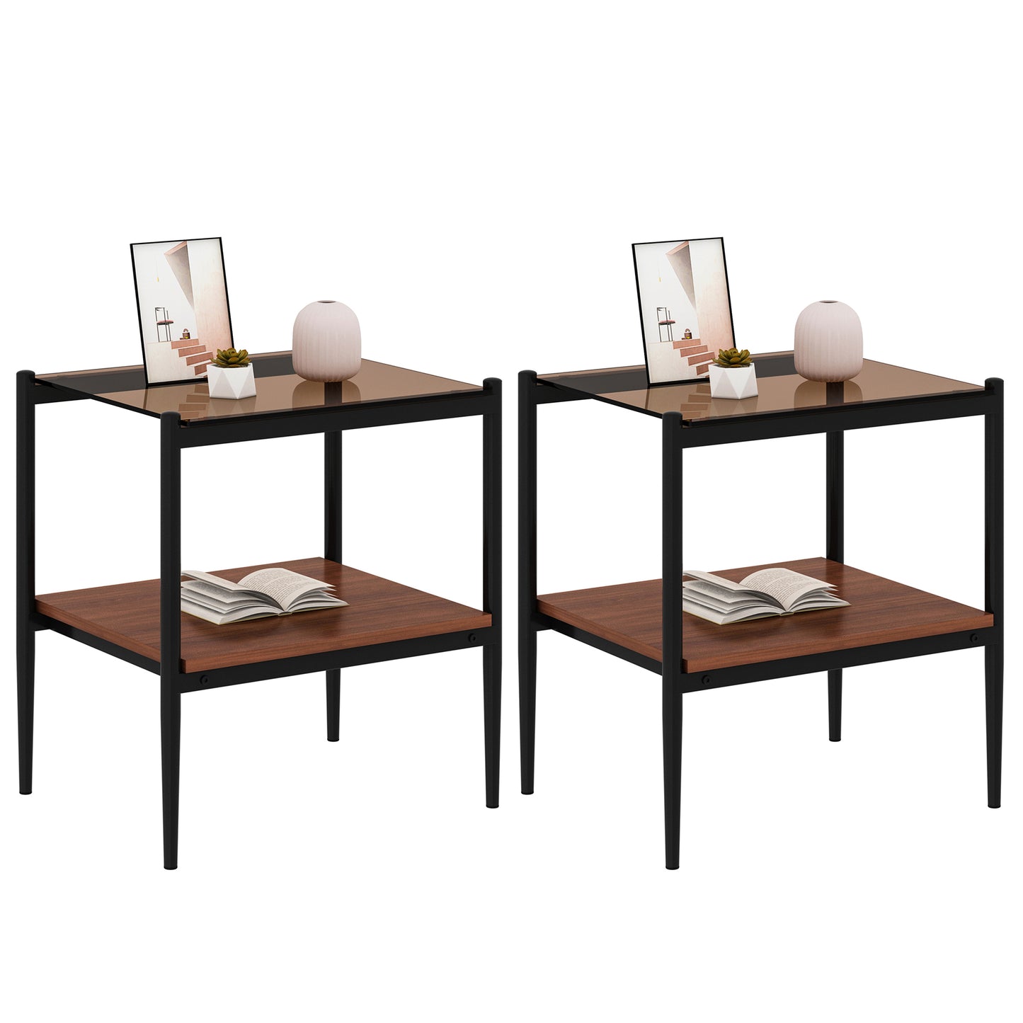 Modern black metal end table with glass top wood shelf and decorative items