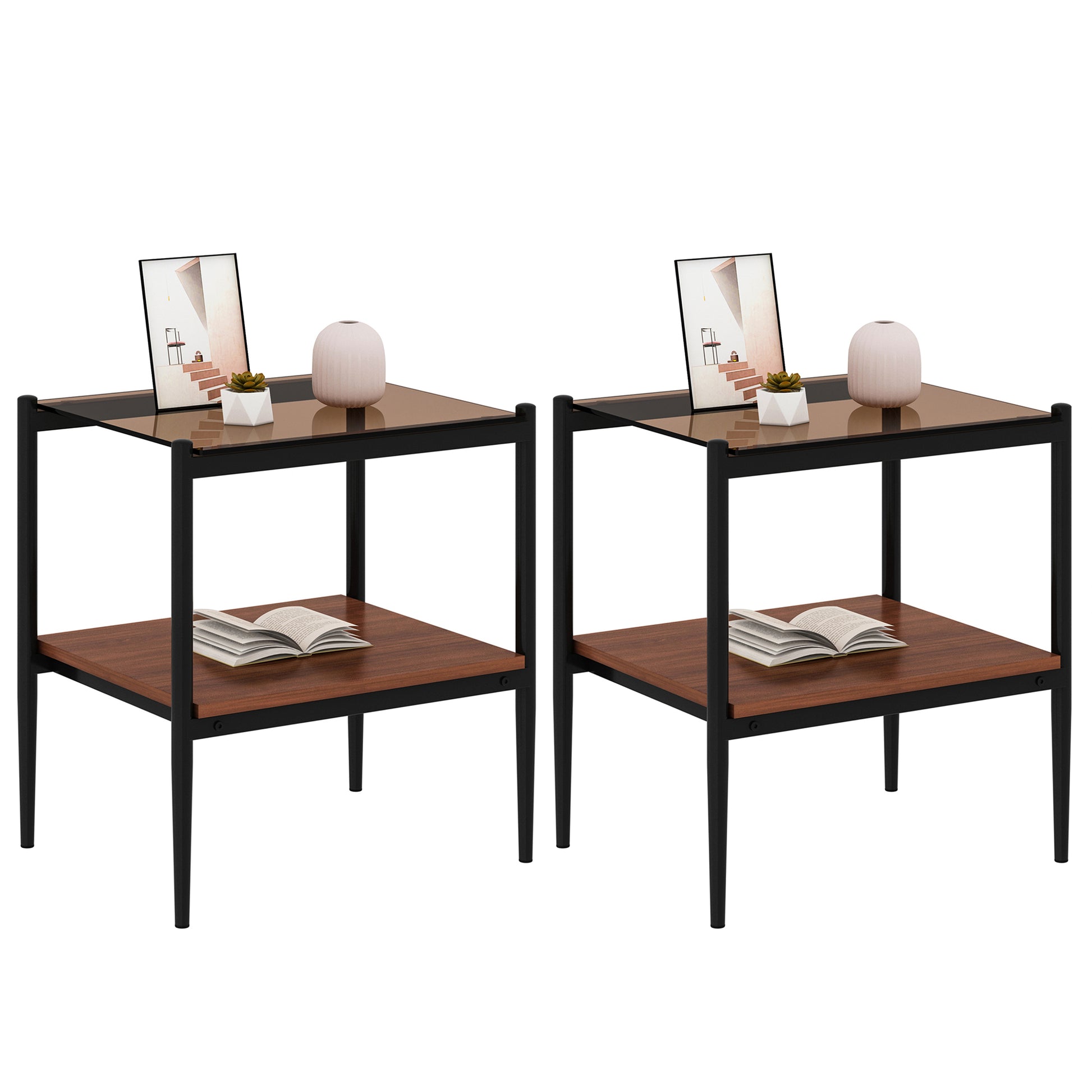 Modern black metal end table with glass top wood shelf and decorative items
