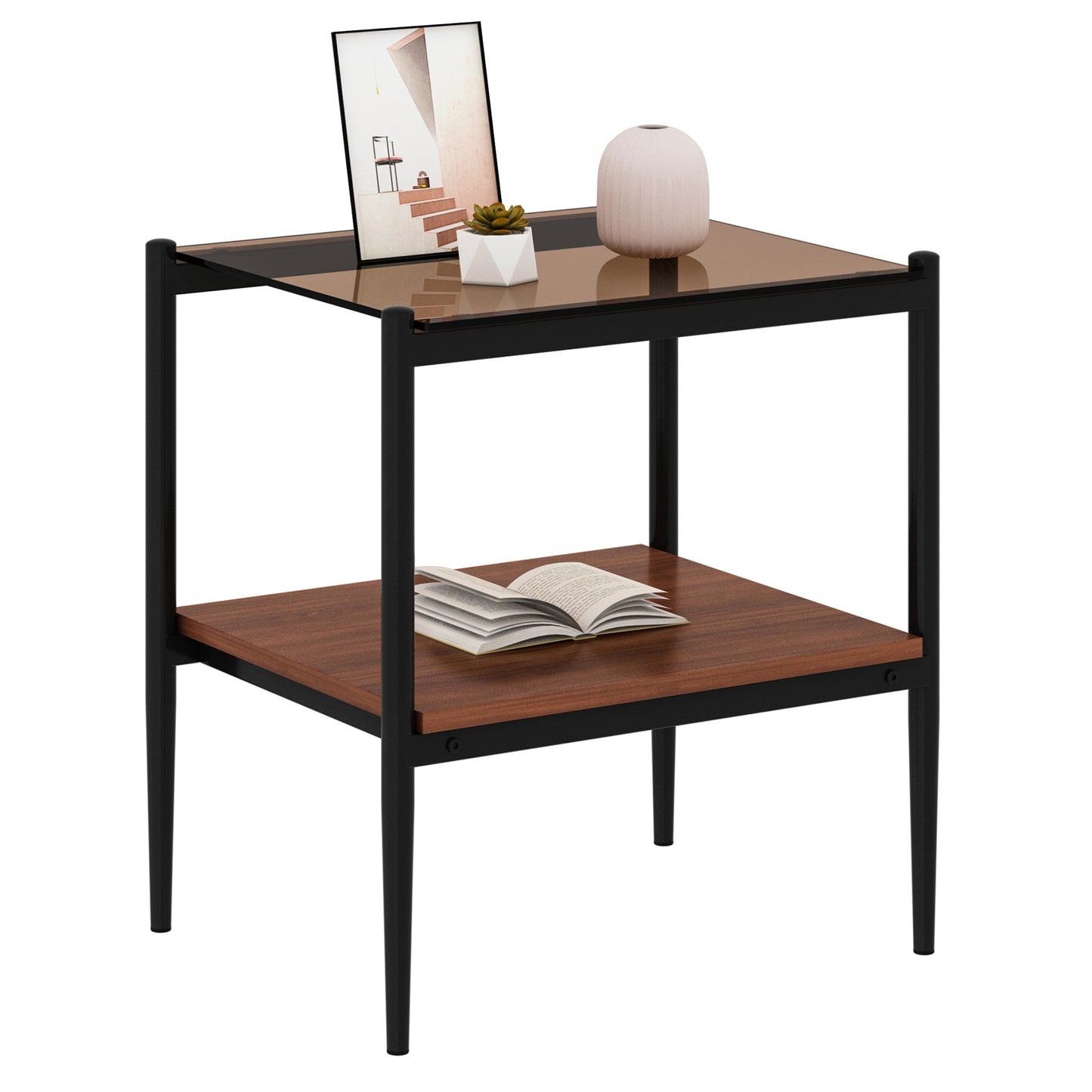 Modern black metal end table with smoked glass top and wood shelf featuring decor
