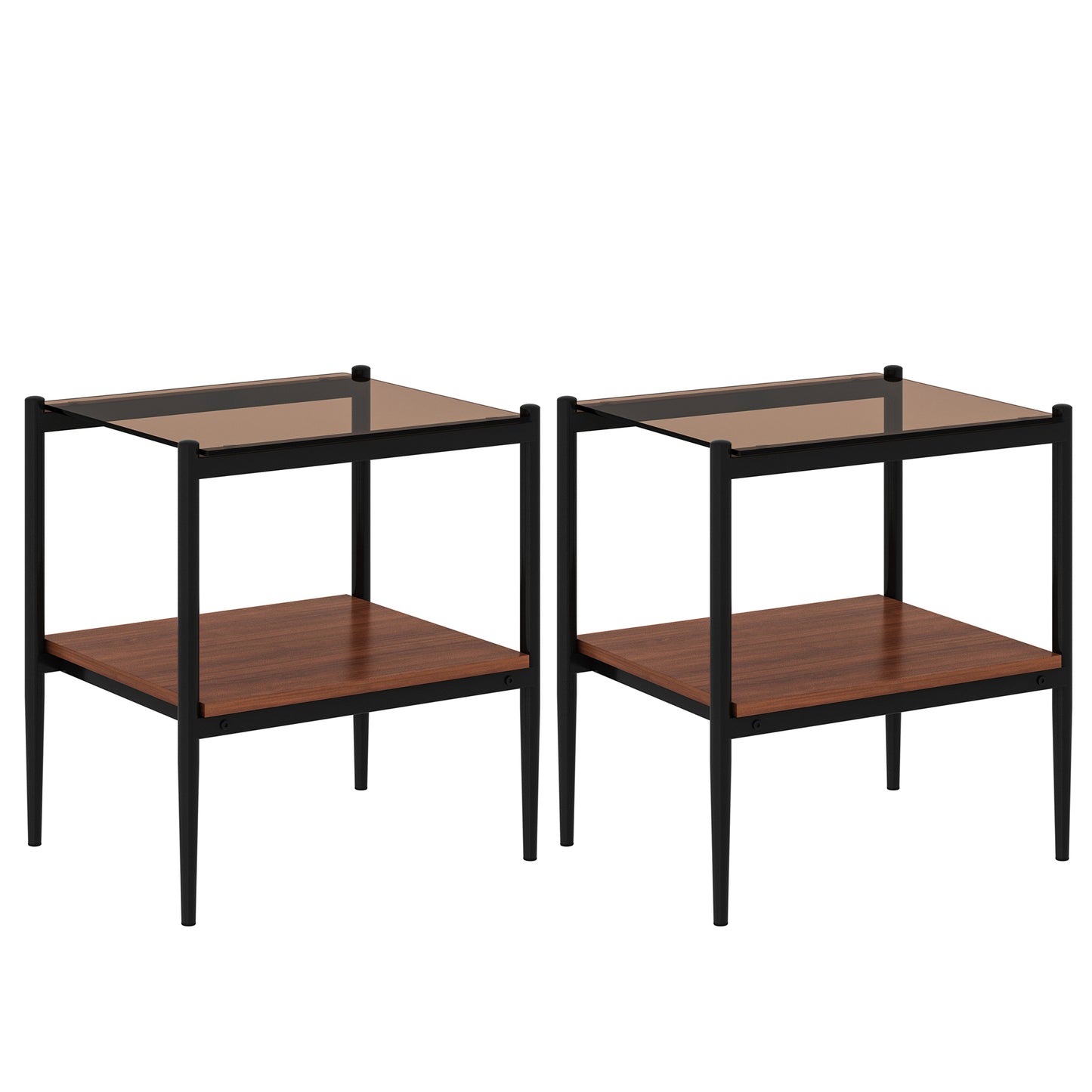 Pair of modern end tables with smoked glass tops and walnut finish shelves