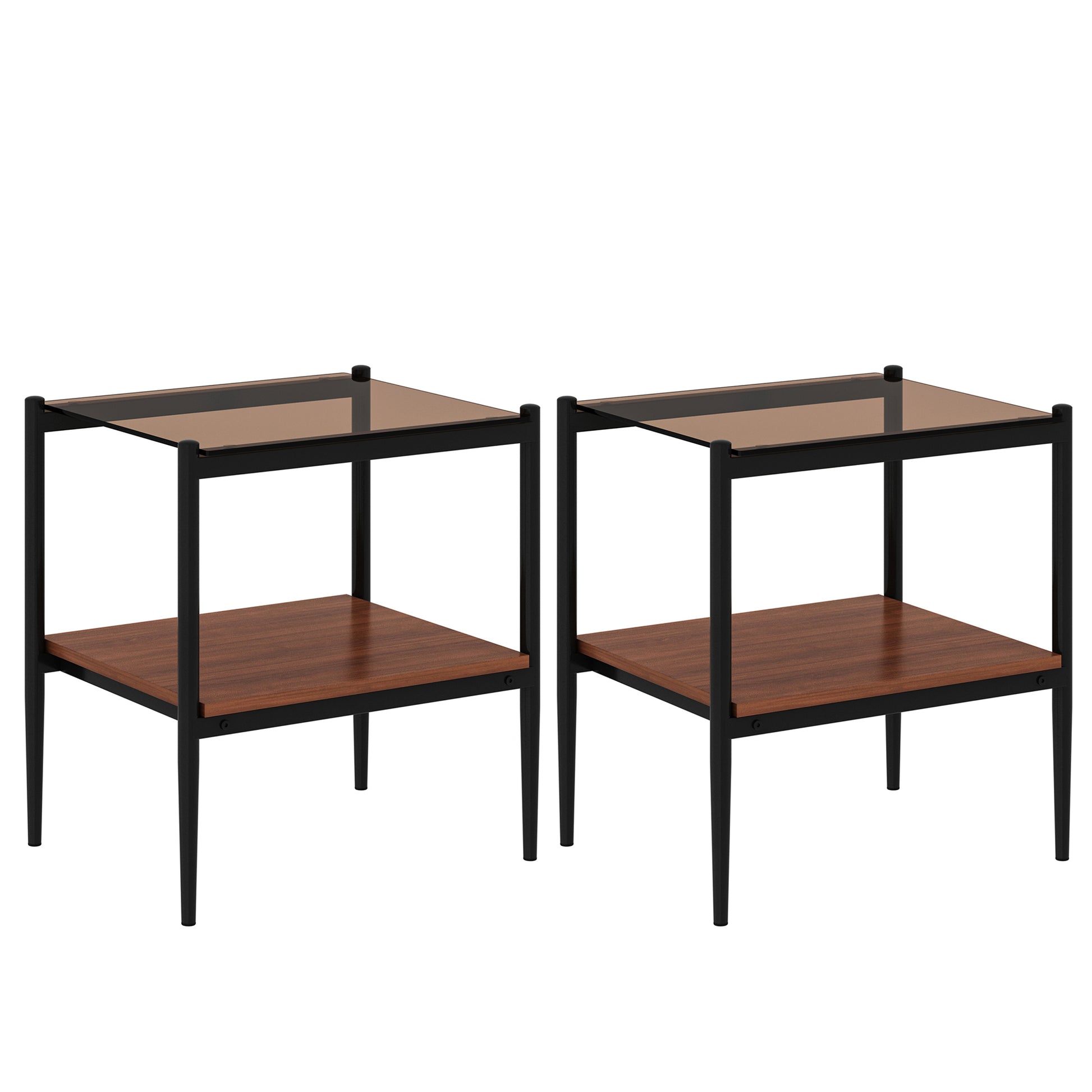 Pair of modern end tables with smoked glass tops and walnut finish shelves
