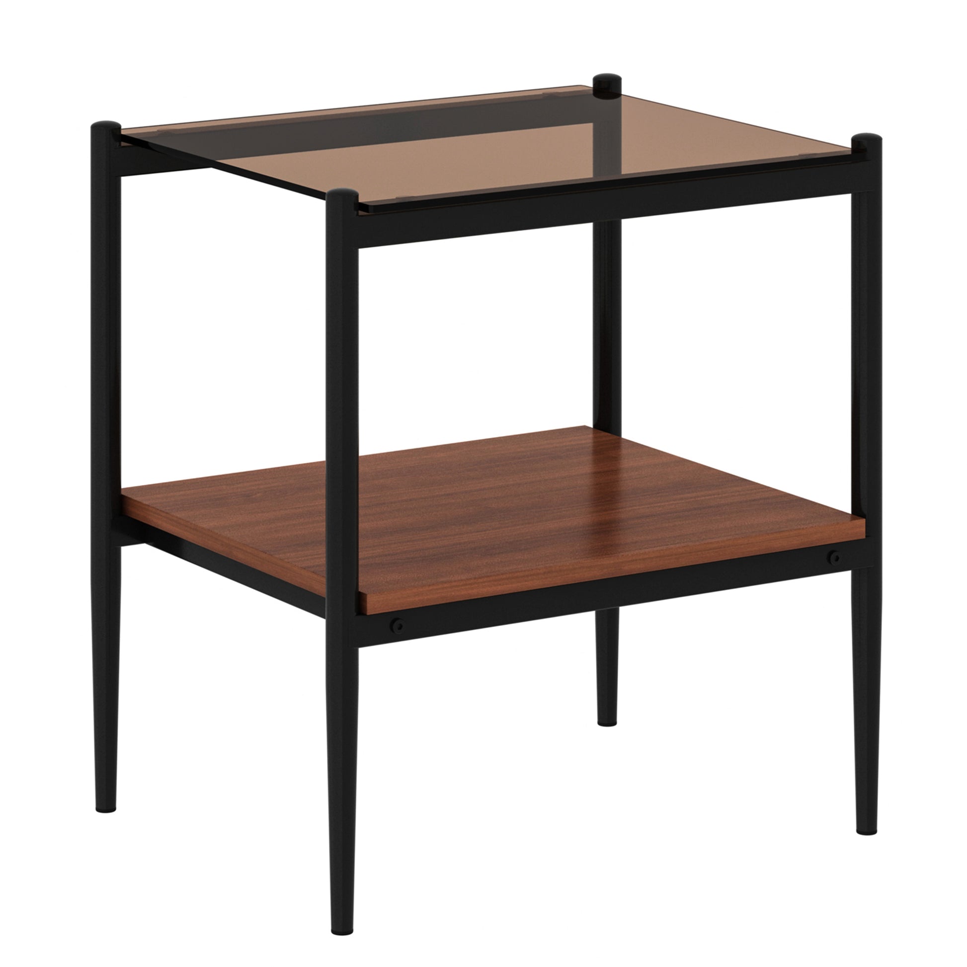 Modern black metal end table with a walnut wood shelf and smoked glass top