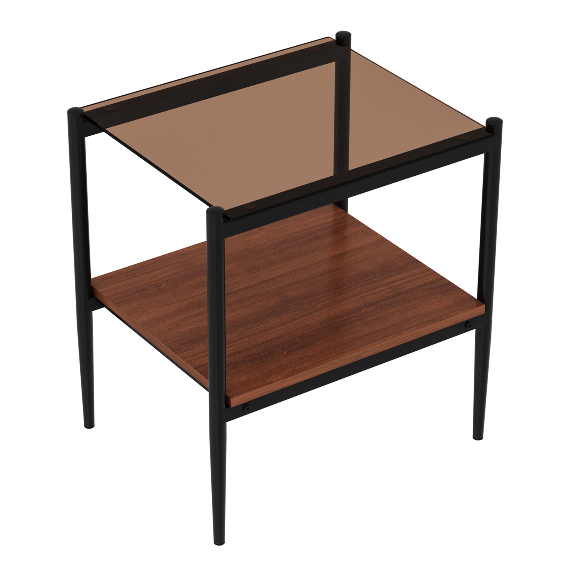 Modern twotier end table with smoked glass top and walnut wood shelf