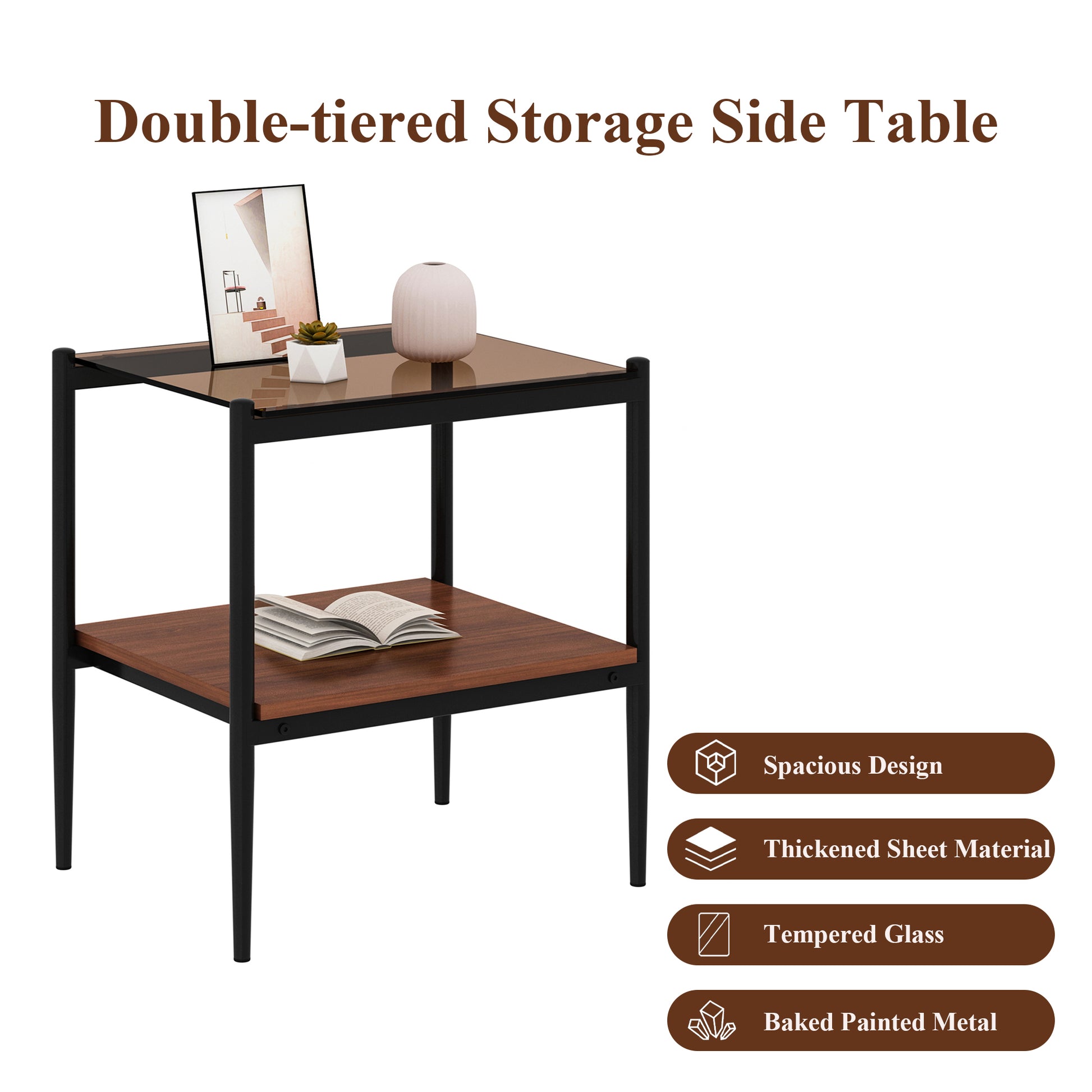 Modern doubletiered storage side table with smoked glass top and walnut wood shelf