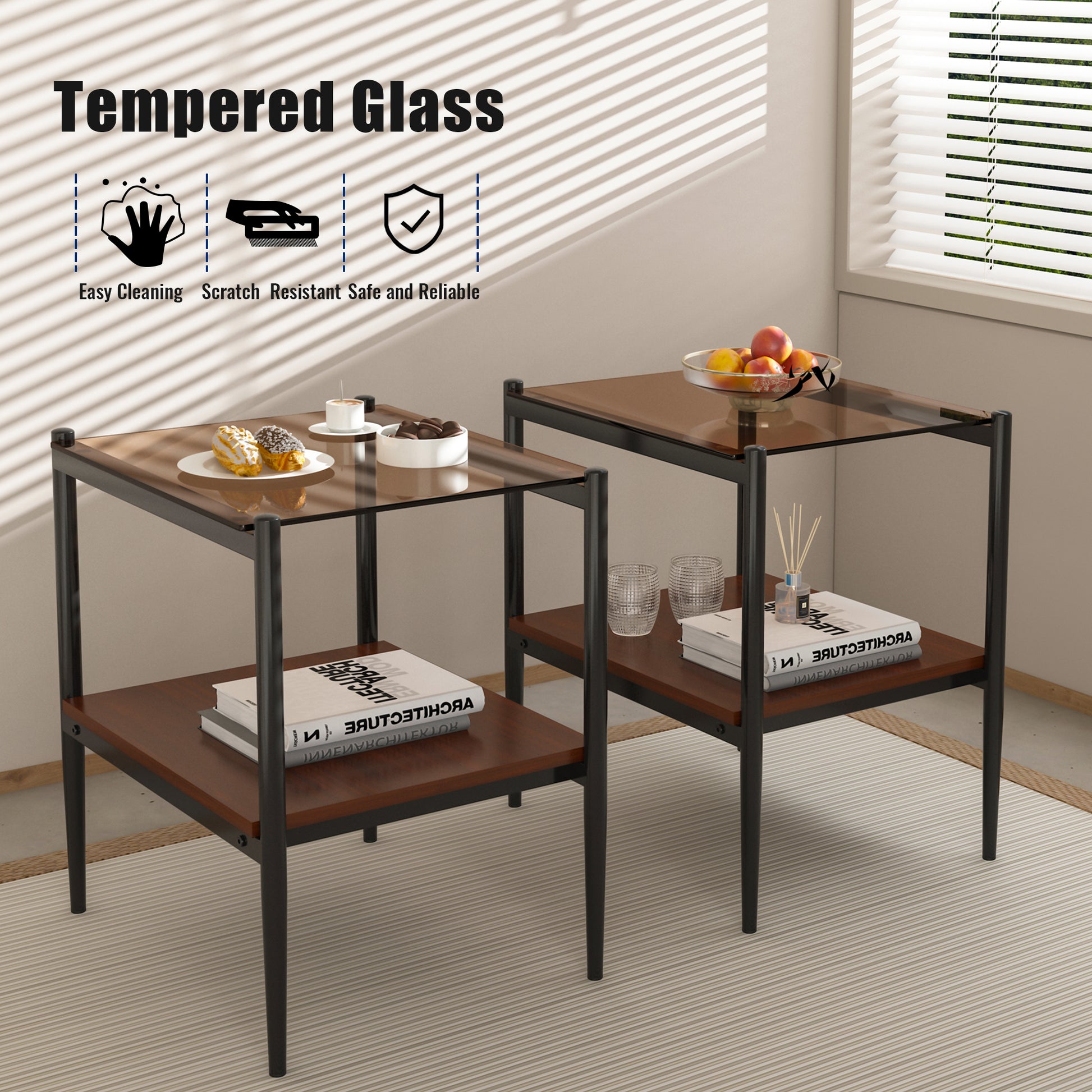 Pair of modern Ctables with smoked glass tops and dark wood shelves