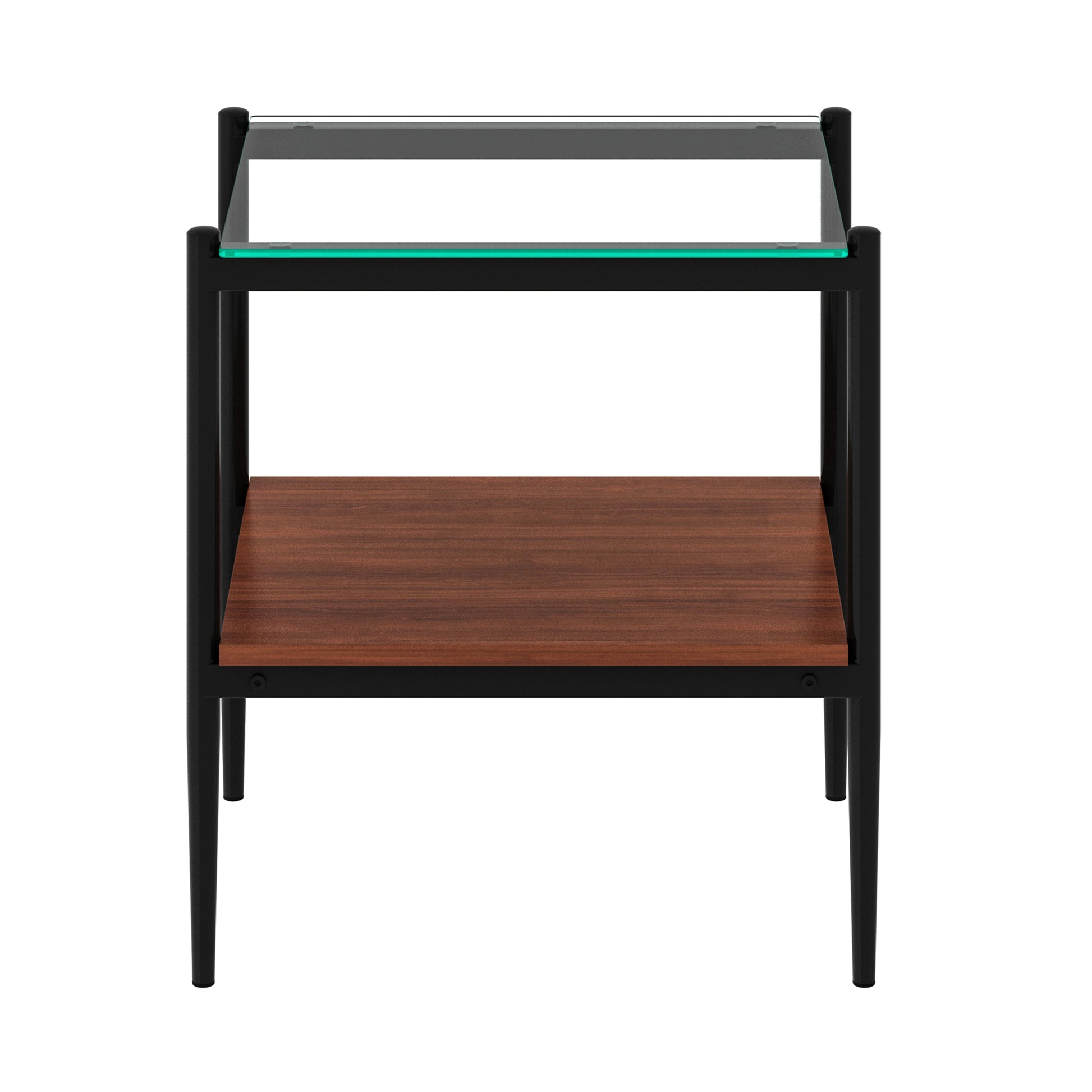 Black metal end table with glass top and walnut shelf