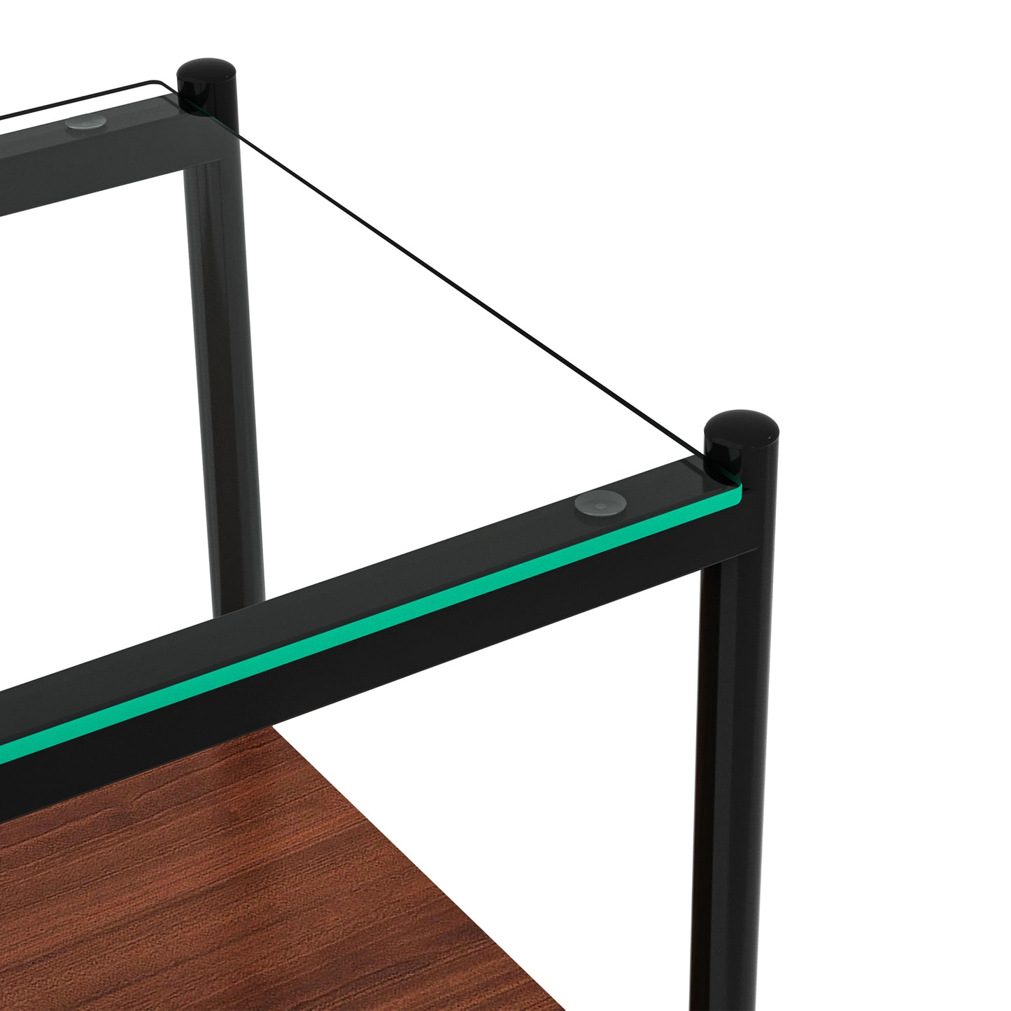 Modern black metal frame with tempered glass top featuring subtle teal accent