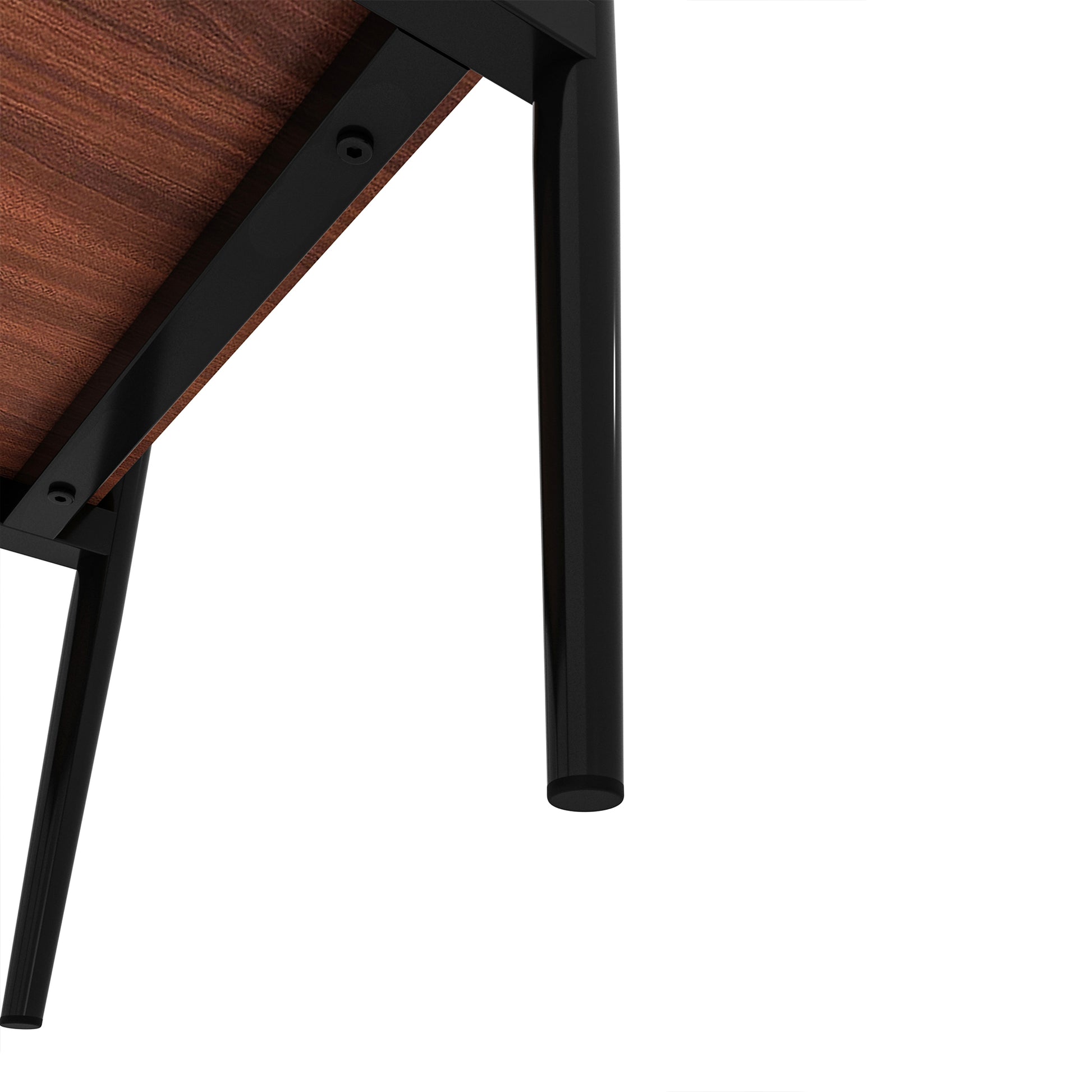 Closeup of a wooden table underside with black metal legs showcasing the grain