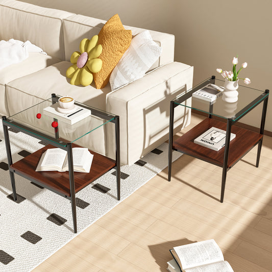 Modern black metal side table with clear glass top and walnut shelf