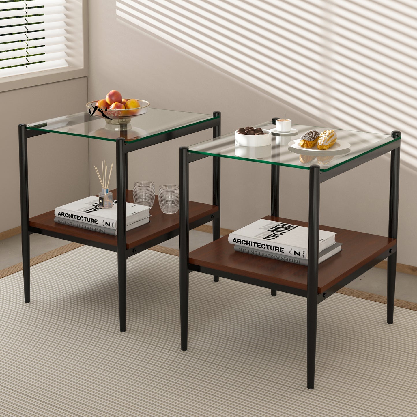 Modern glass top end table with black metal frame and walnut shelf