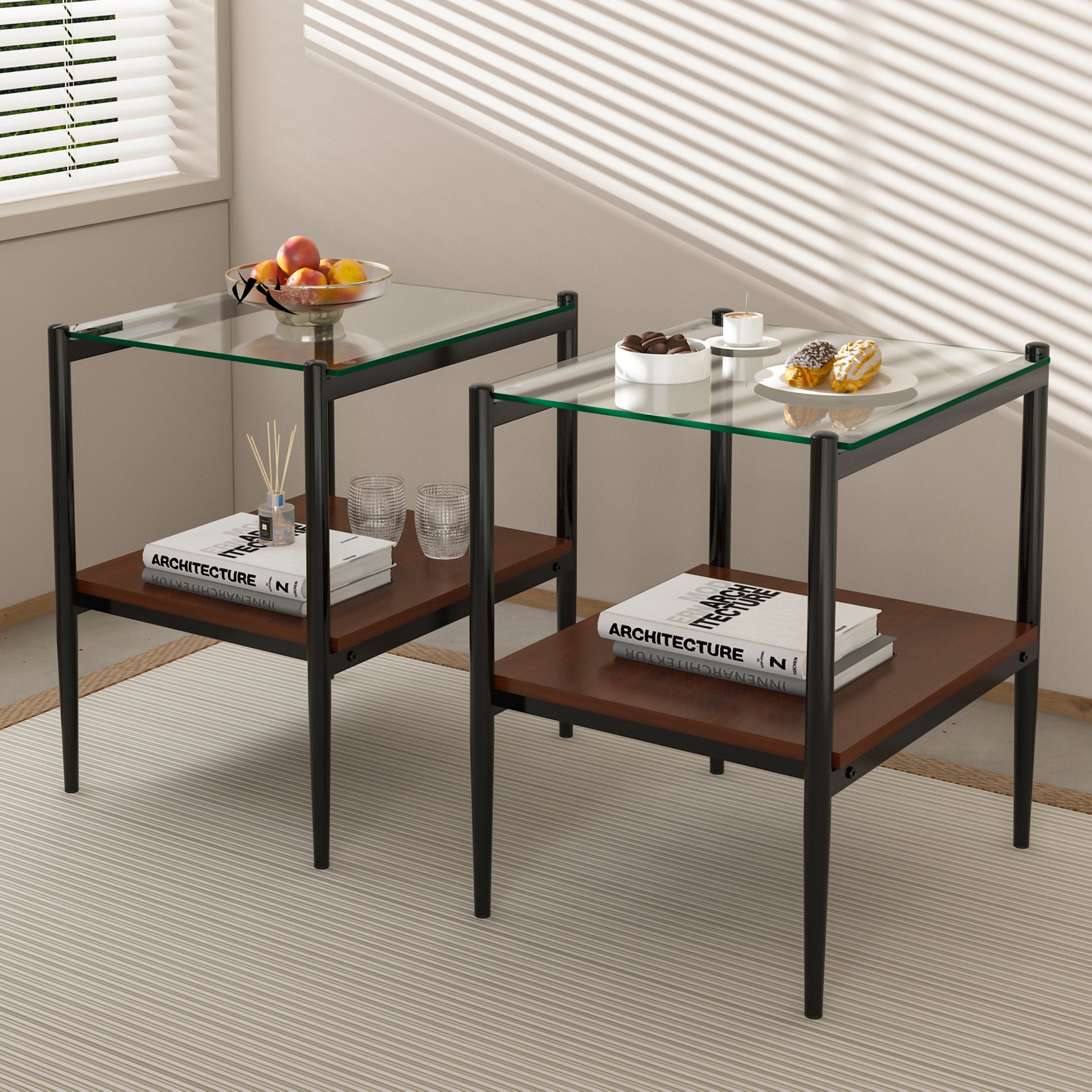 Modern glass top end table with black metal frame and walnut shelf