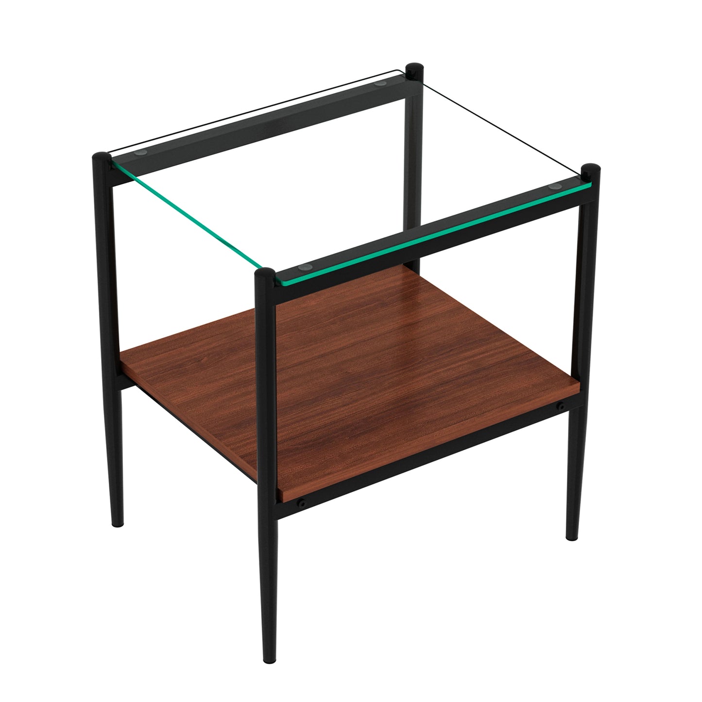 Modern side table with clear glass top and rich walnut wood shelf