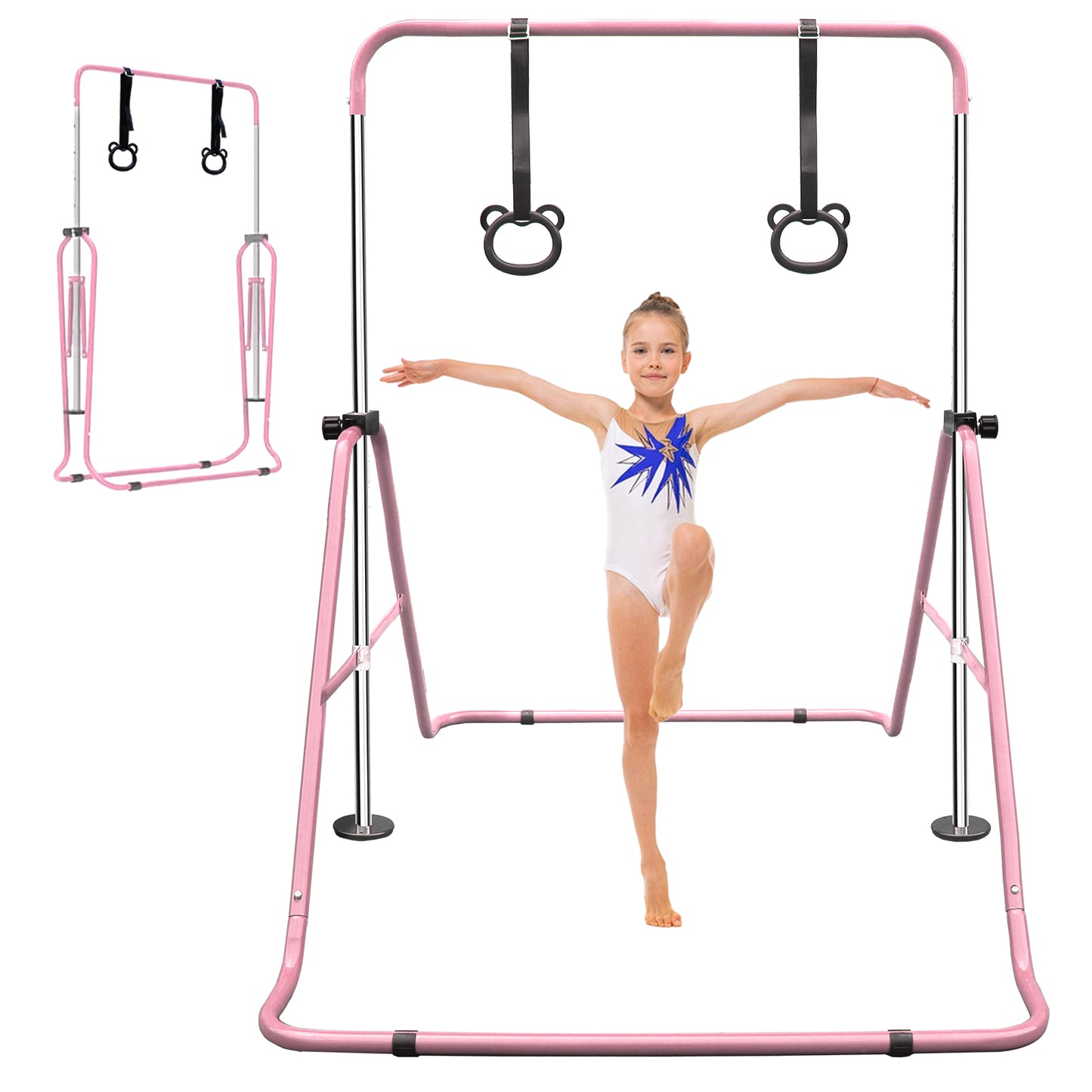Pink adjustable gymnastics bar with bearshaped rings for childrens training