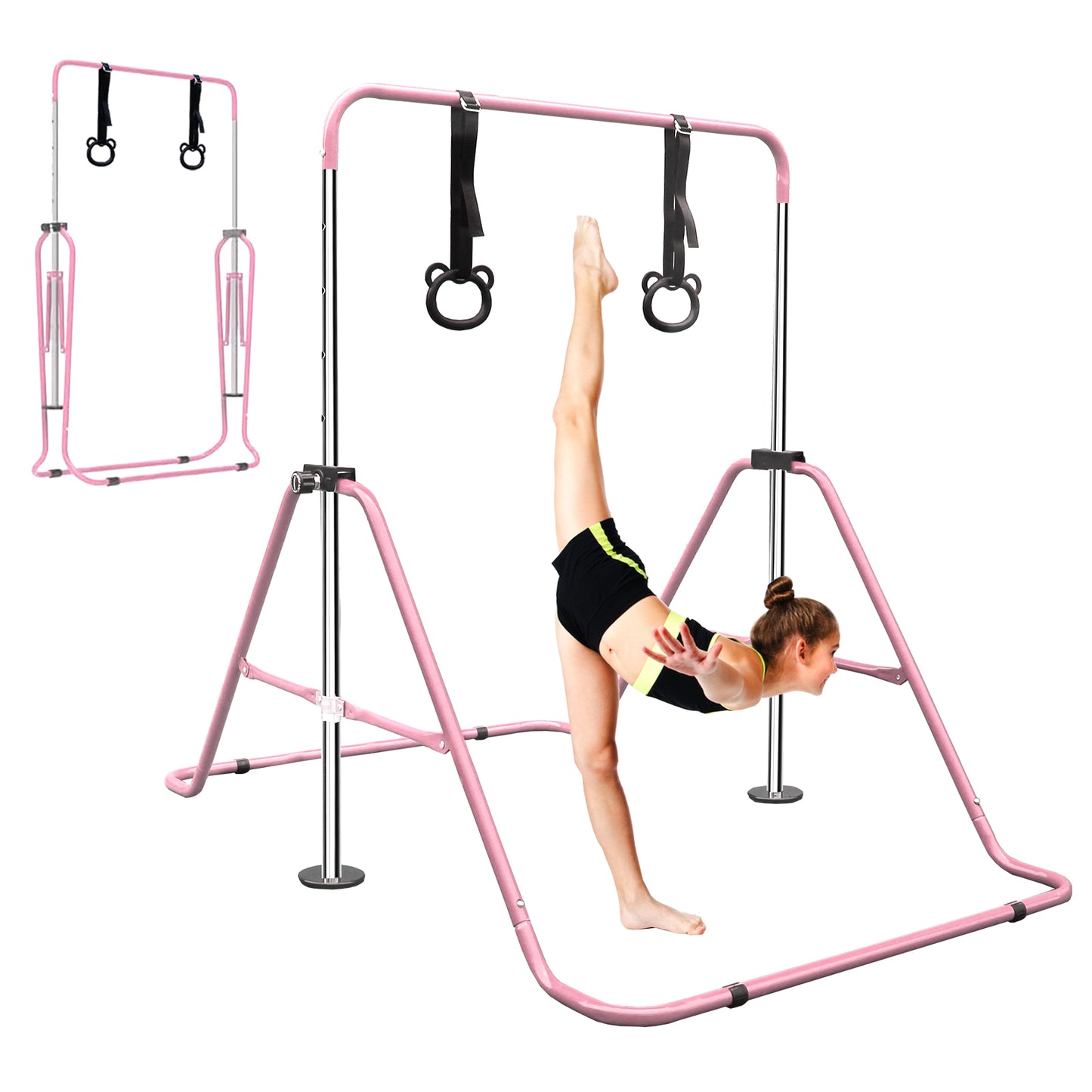 Pink gymnastics bar with adjustable height and bearshaped rings for kids training