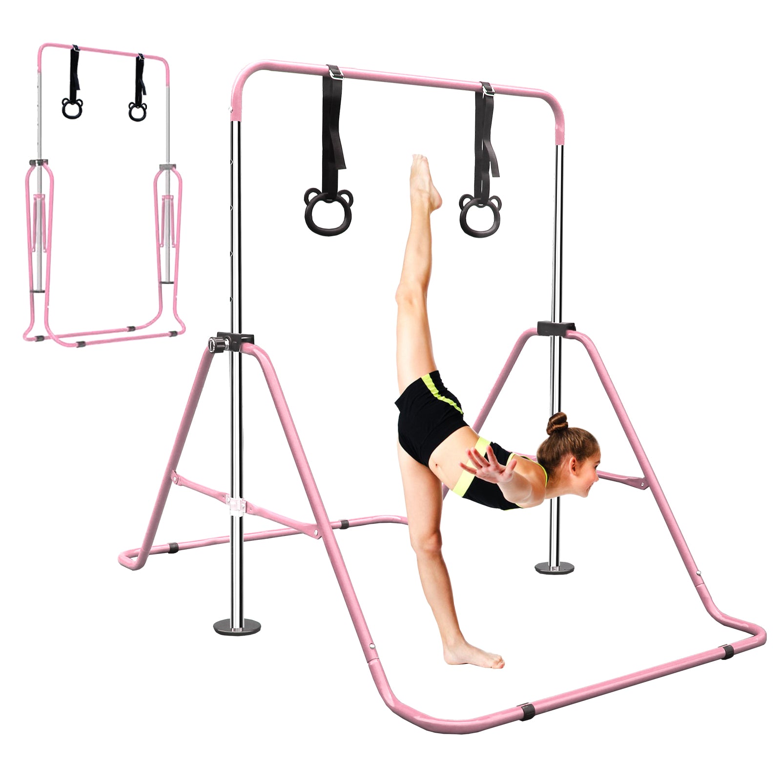 Pink gymnastics bar with adjustable height and bearshaped rings for kids training