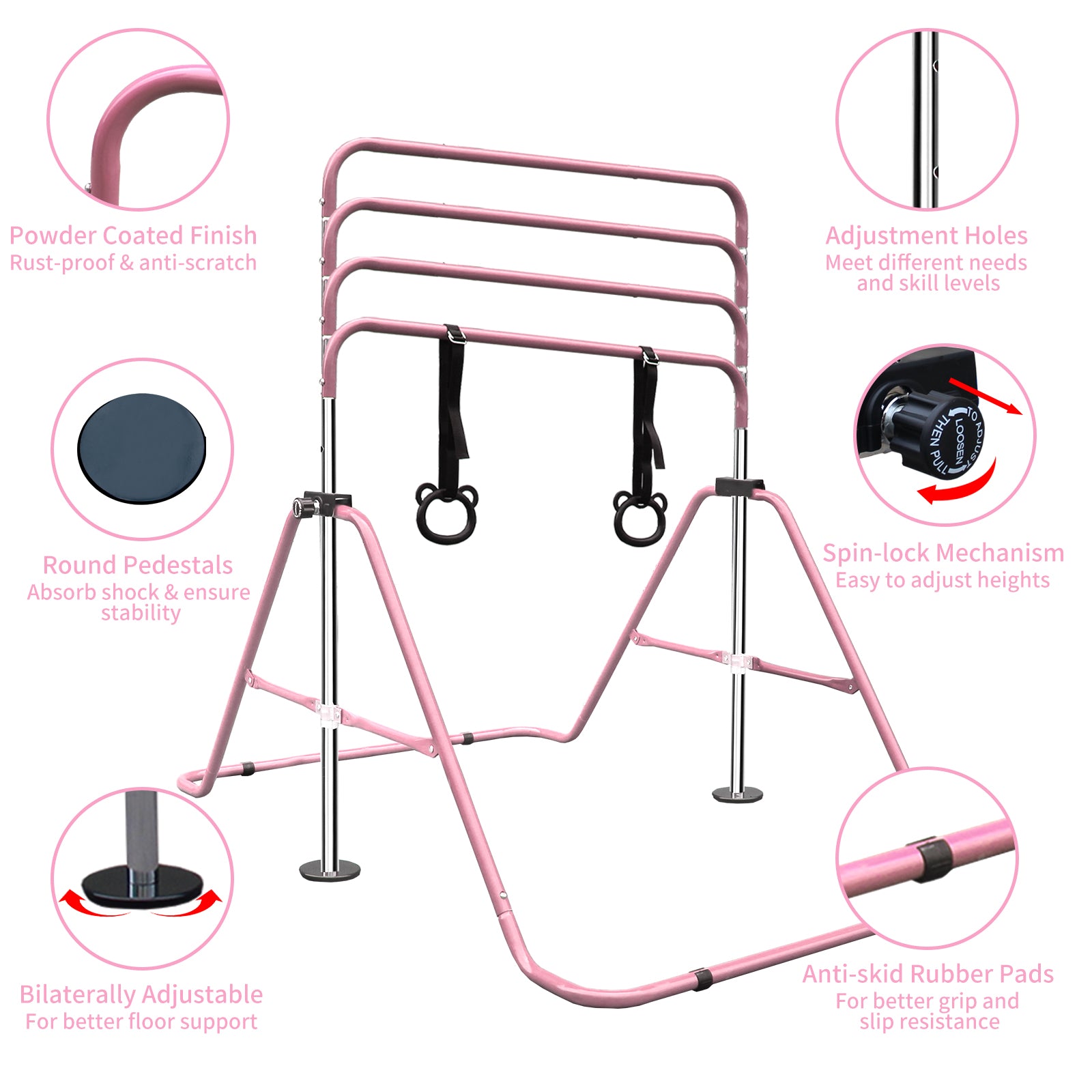 Pink powdercoated adjustable horizontal bar with safety straps and round pedestals