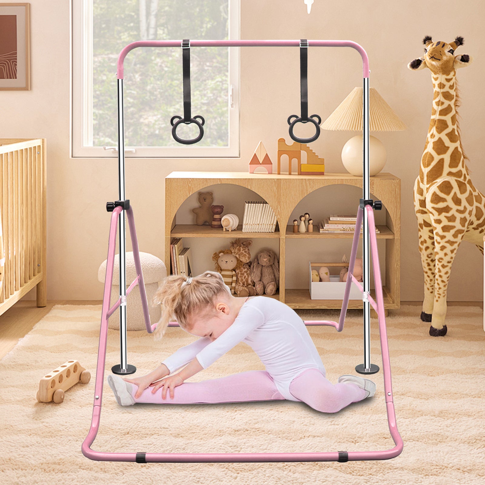 Pink beginner gymnastics bar with bear rings for kids practice