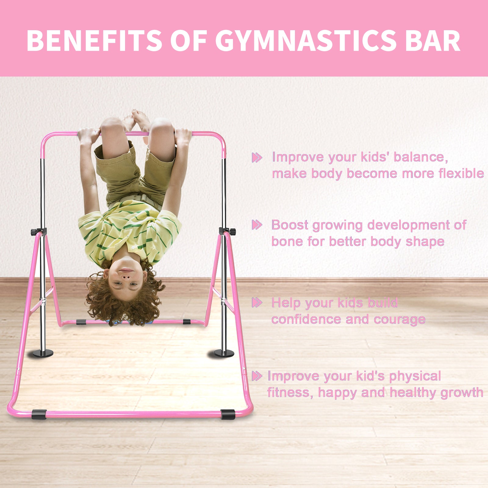 Pink kids gymnastics bar with child hanging upside down promoting balance