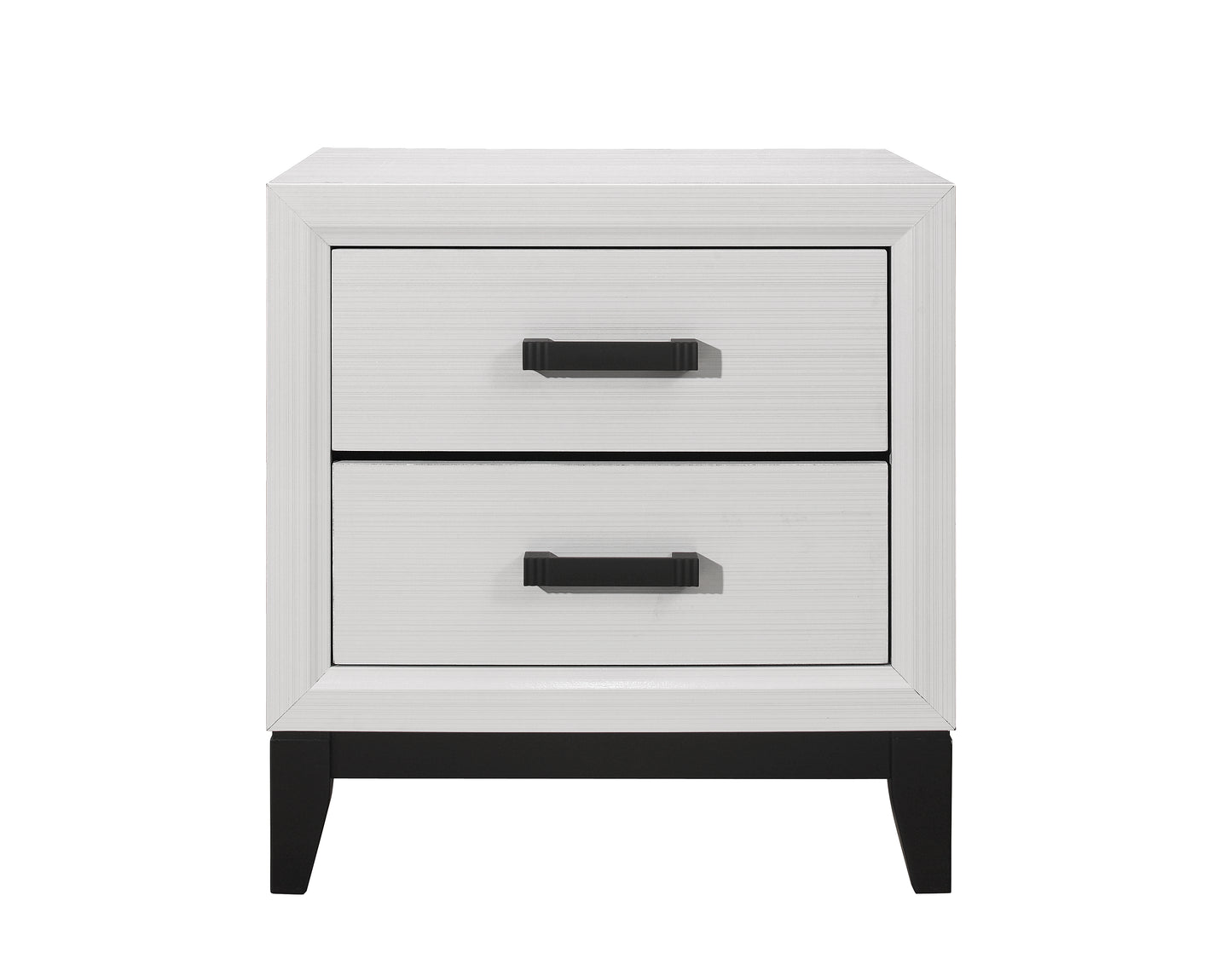 White wood grain twodrawer nightstand with black handles and legs
