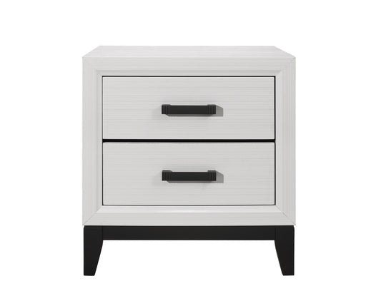 White wood grain twodrawer nightstand with black handles and legs