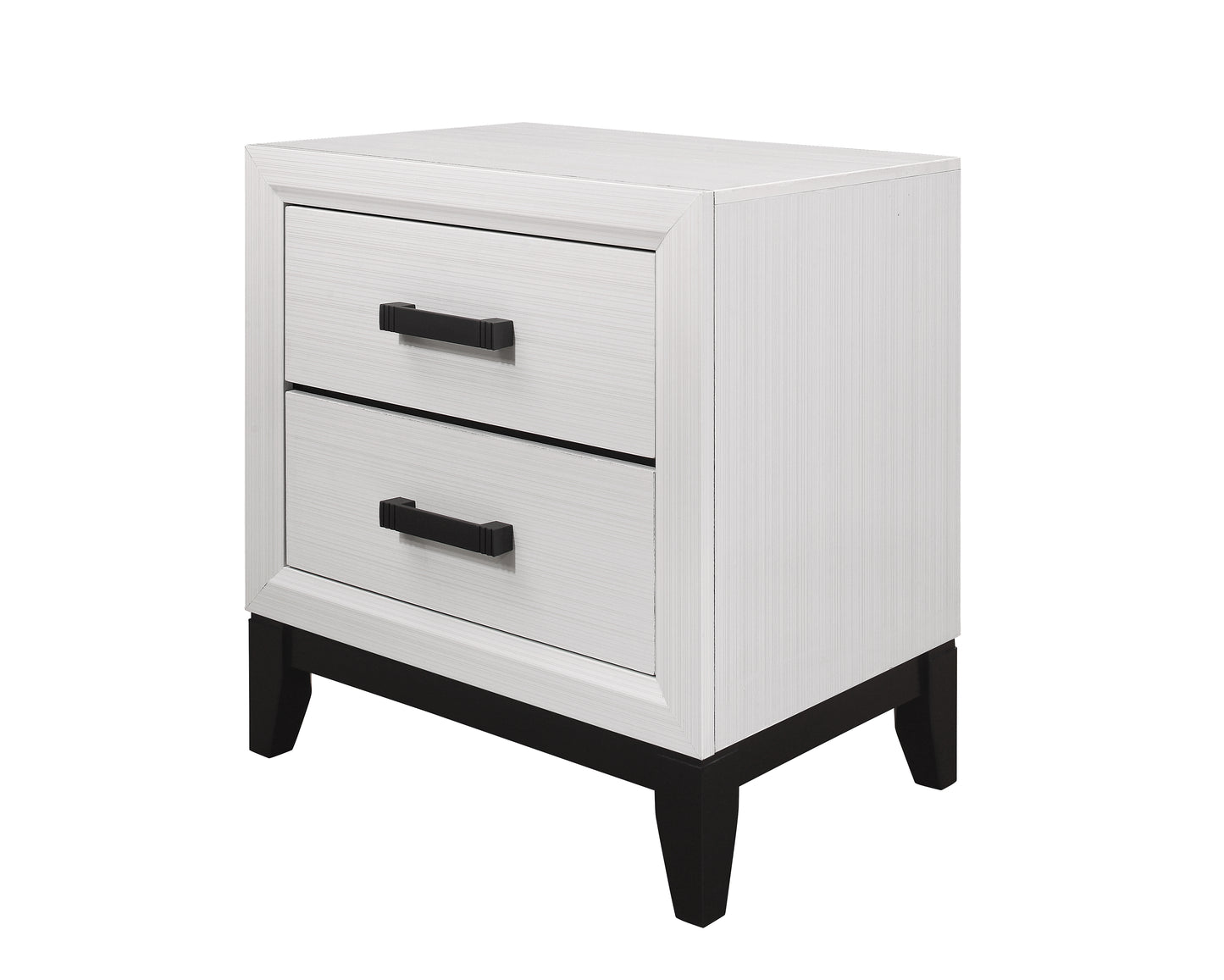 White wood grain twodrawer nightstand with black rectangular handles and tapered legs