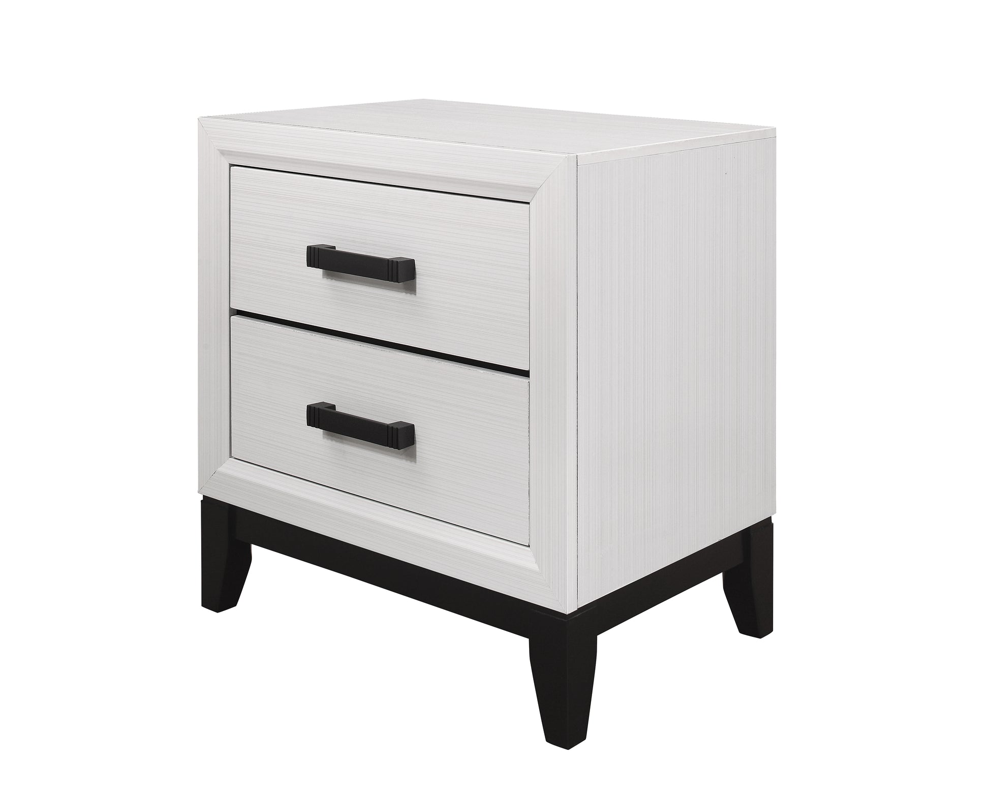 White wood grain twodrawer nightstand with black rectangular handles and tapered legs