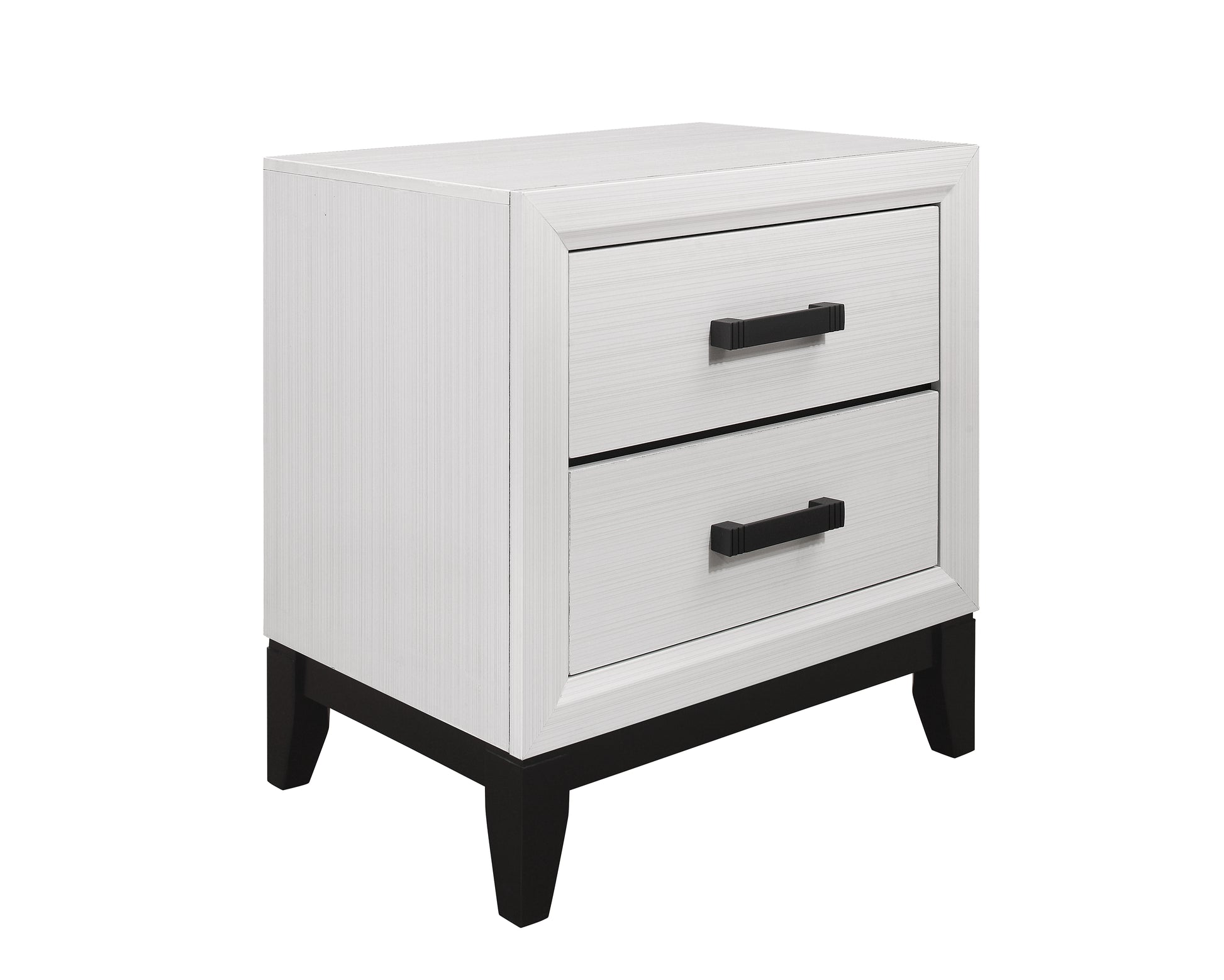 White twodrawer nightstand with black hardware and tapered legs