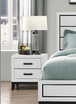 Modern white wood nightstand with two drawers and black hardware