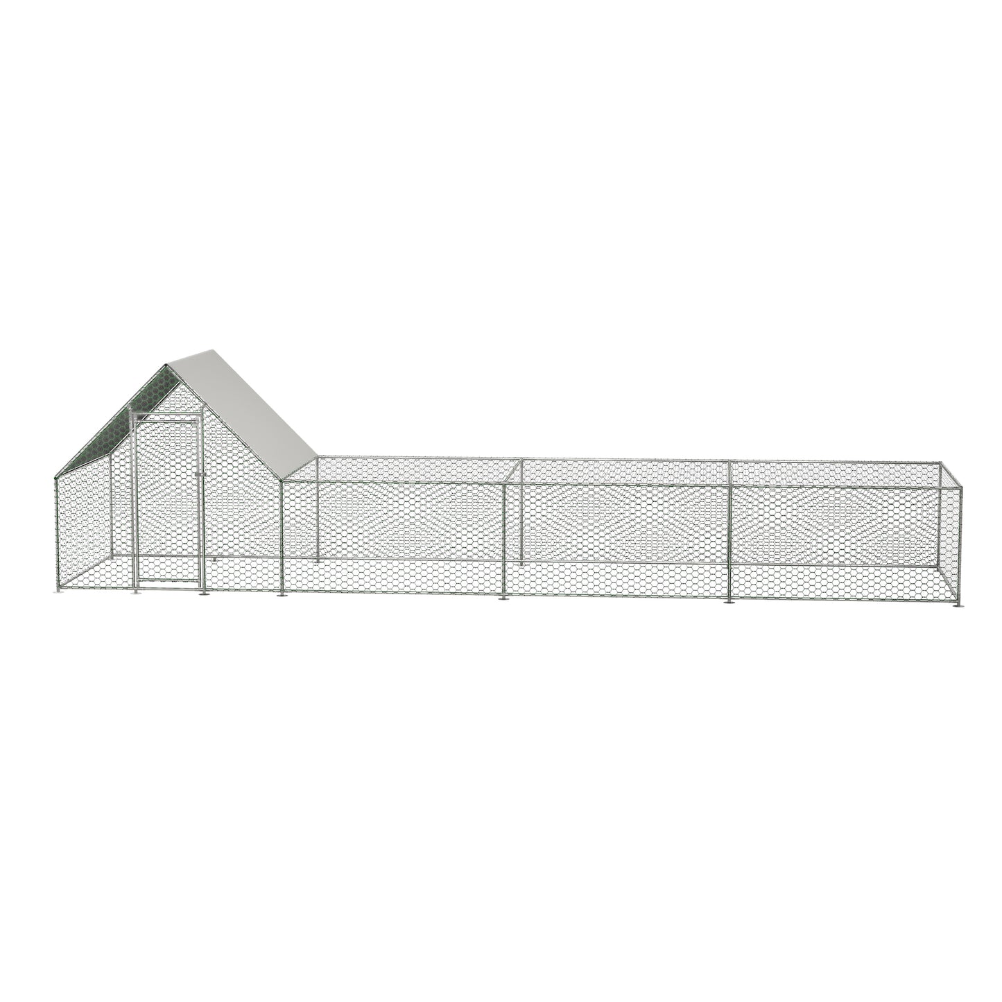 Large walkin chicken coop with metal frame and grey roof providing ample outdoor space for poultry