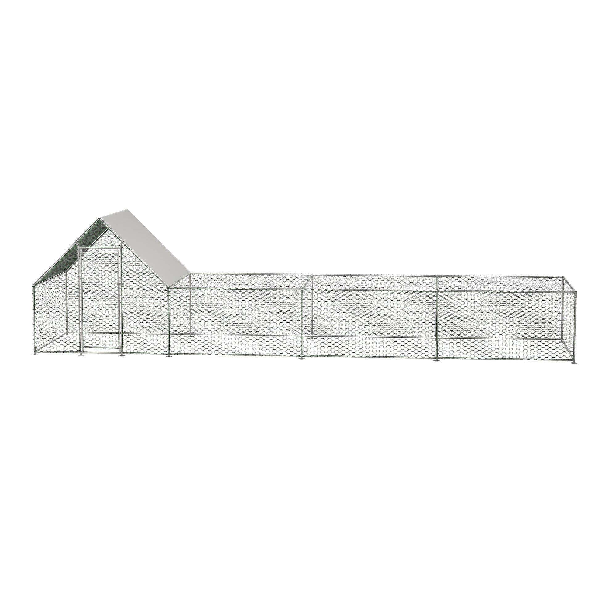 Large walkin chicken coop with metal frame and grey roof providing ample outdoor space for poultry