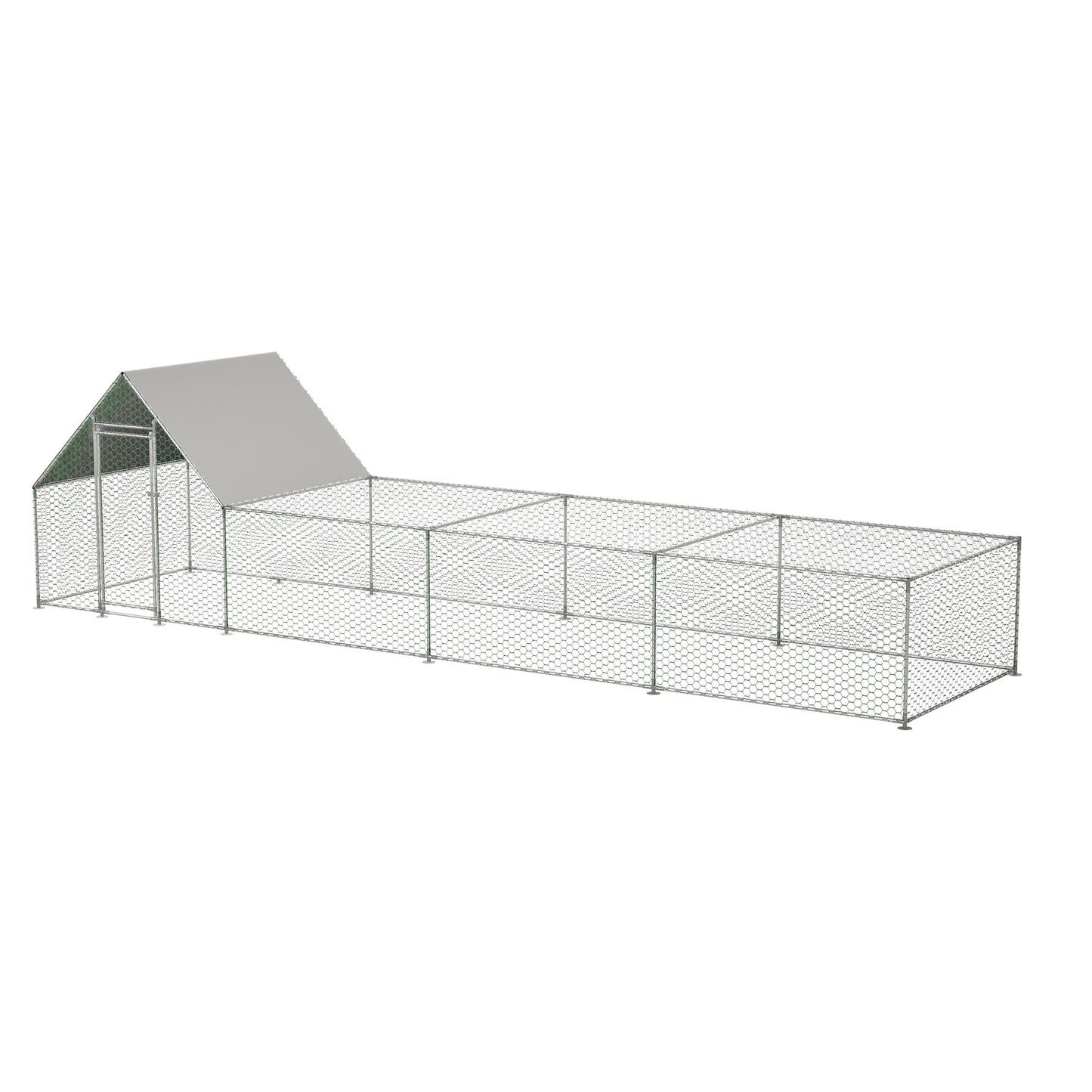 Large wire chicken coop with pitched roof and extended run for backyard flock