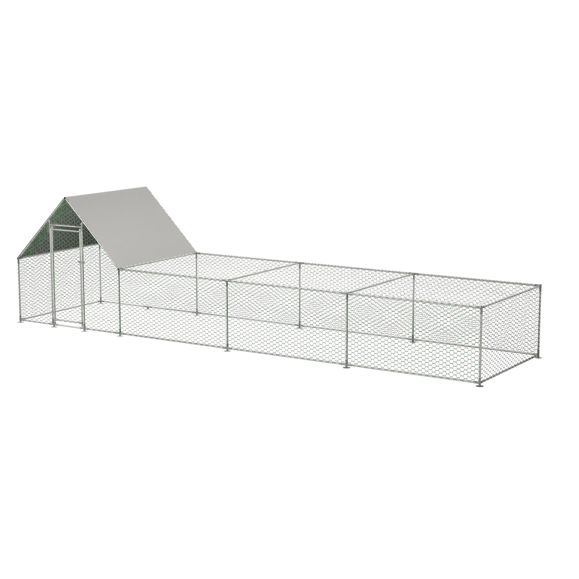 Large wire chicken coop with pitched roof and extended run for backyard flock