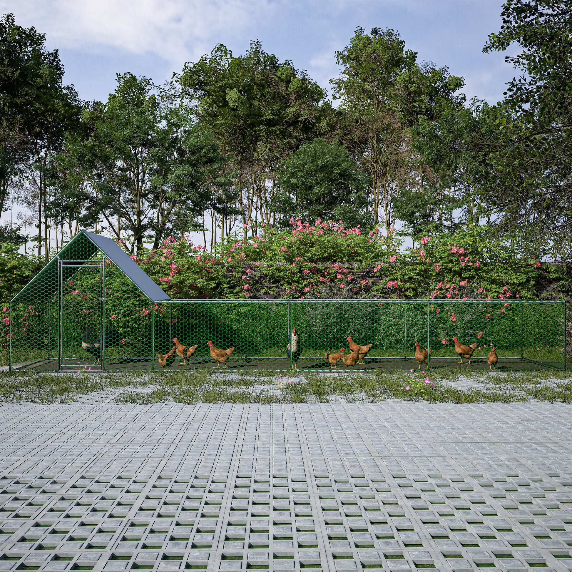 Green hexagonal mesh chicken coop with a gray roof and several chickens outside