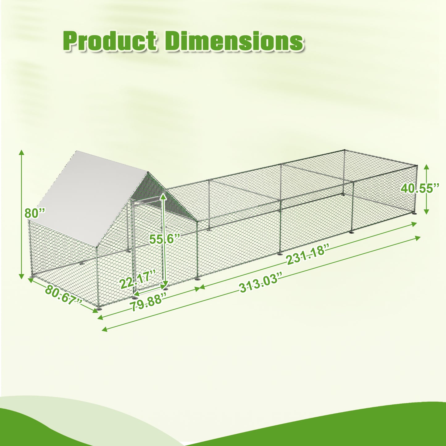 Large outdoor chicken coop with dimensions labeled  H x  W x  L