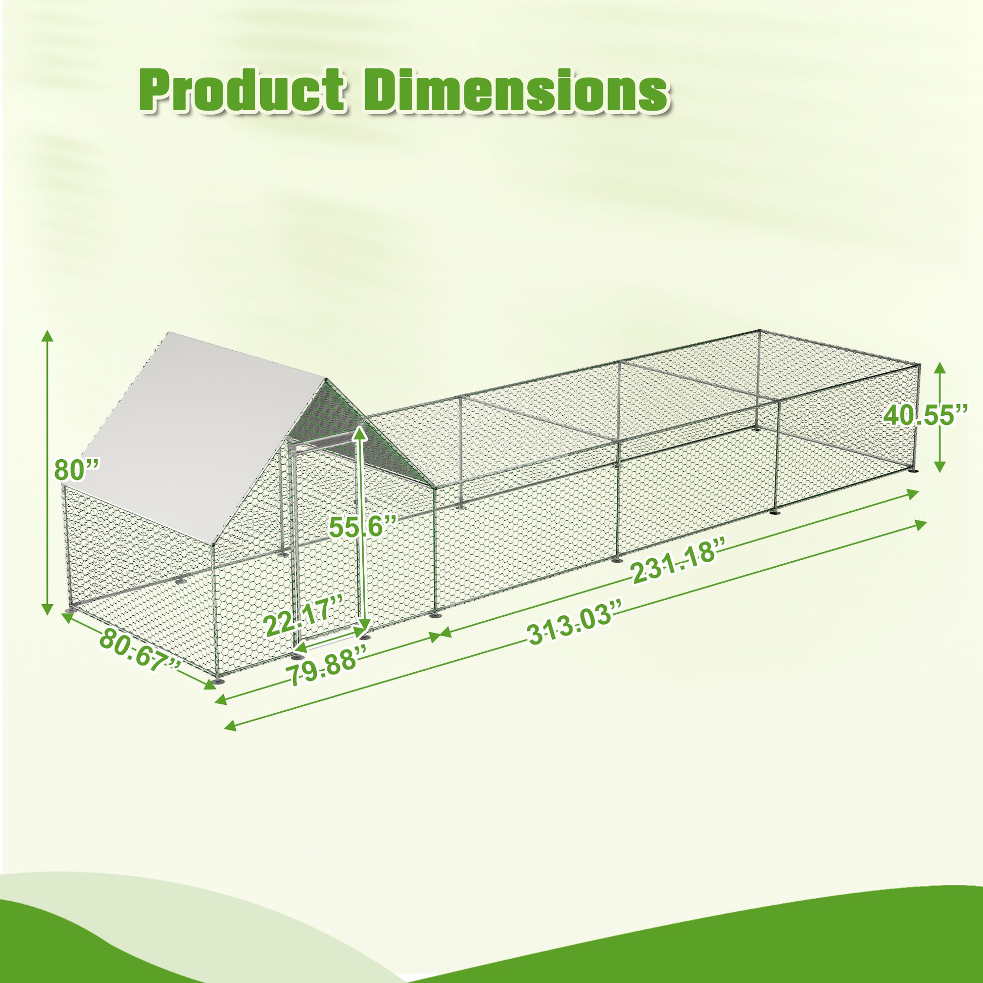 Large outdoor chicken coop with dimensions labeled  H x  W x  L