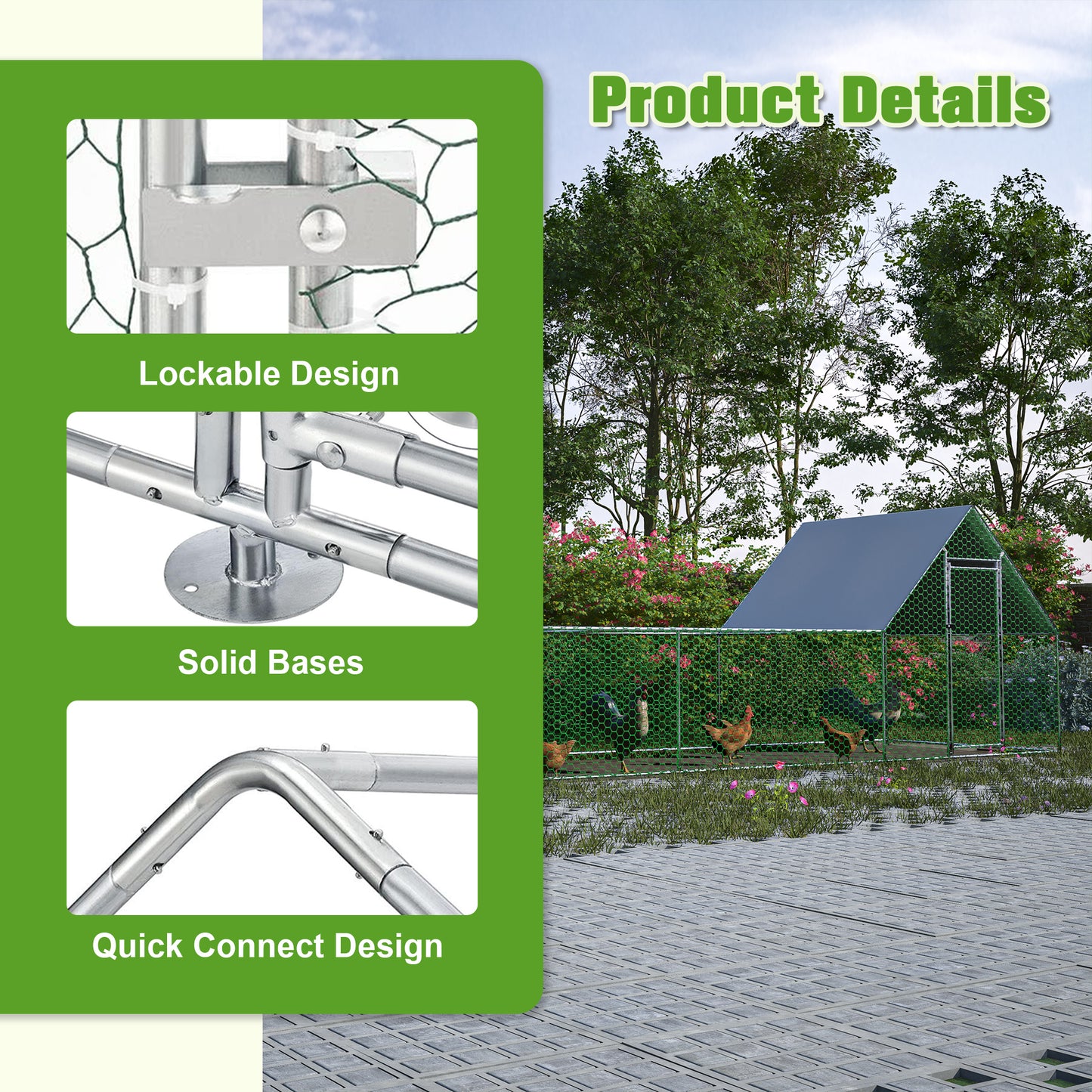 Closeup of a silver metal chicken coop frame with a green mesh highlighting the lockable latch mechanism