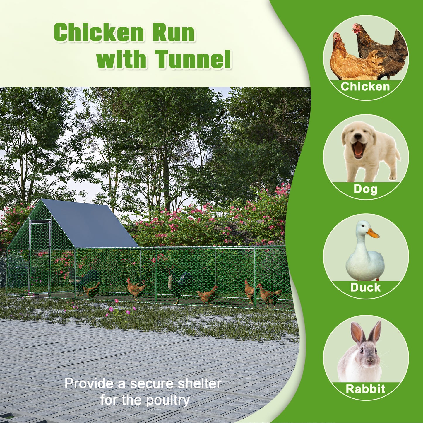 Green mesh chicken coop with a covered roof and tunnel perfect for backyard poultry