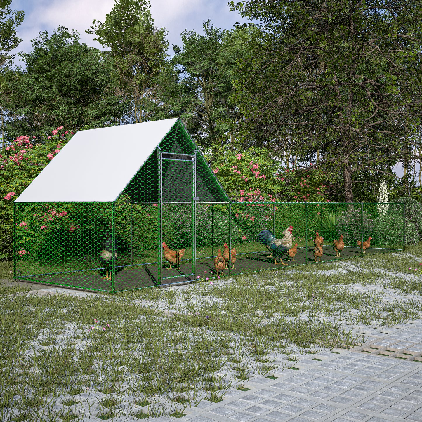 Spacious green chicken coop with white roof housing a flock of chickens and a rooster outdoors