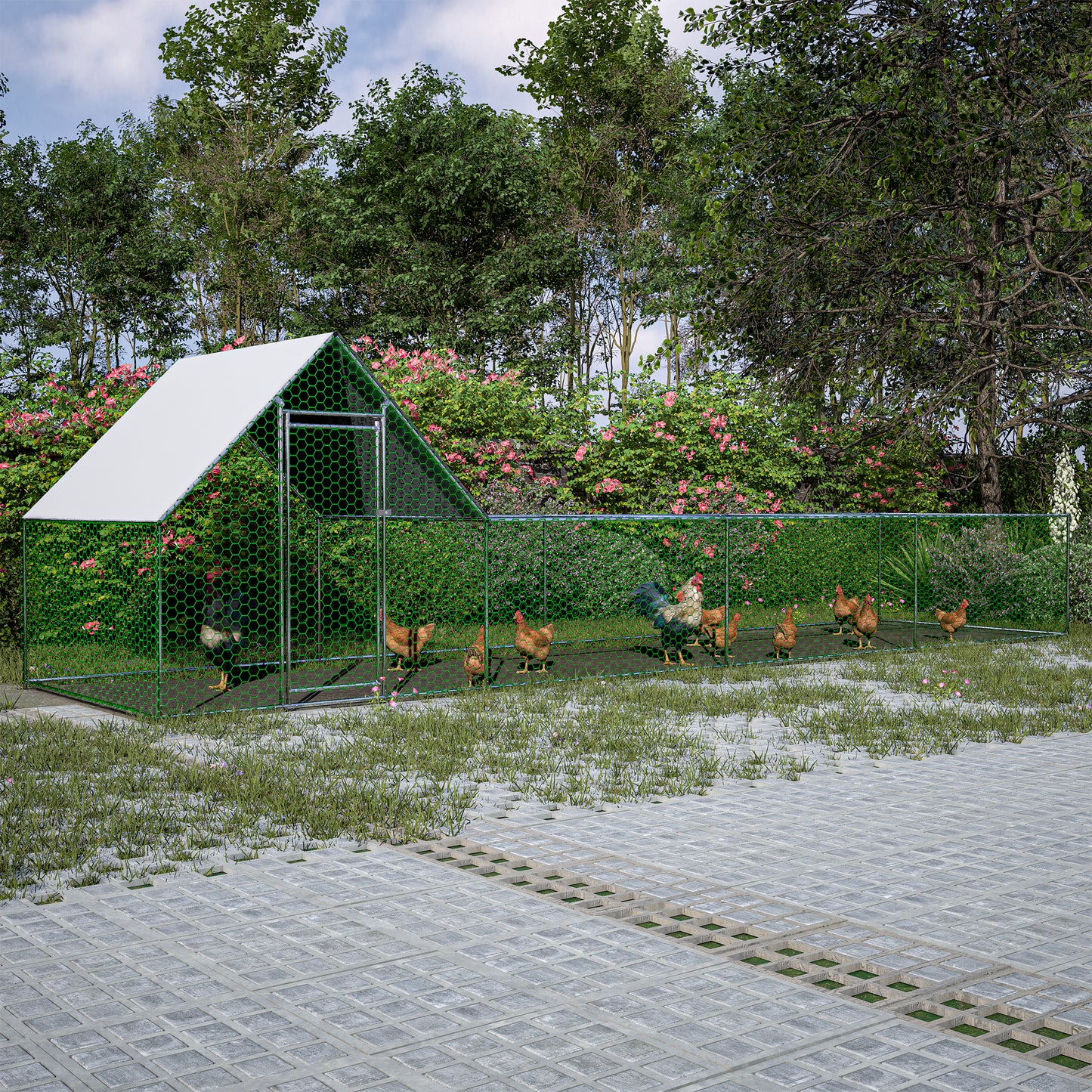 Large green chicken coop with a white roof and several chickens pecking in grass