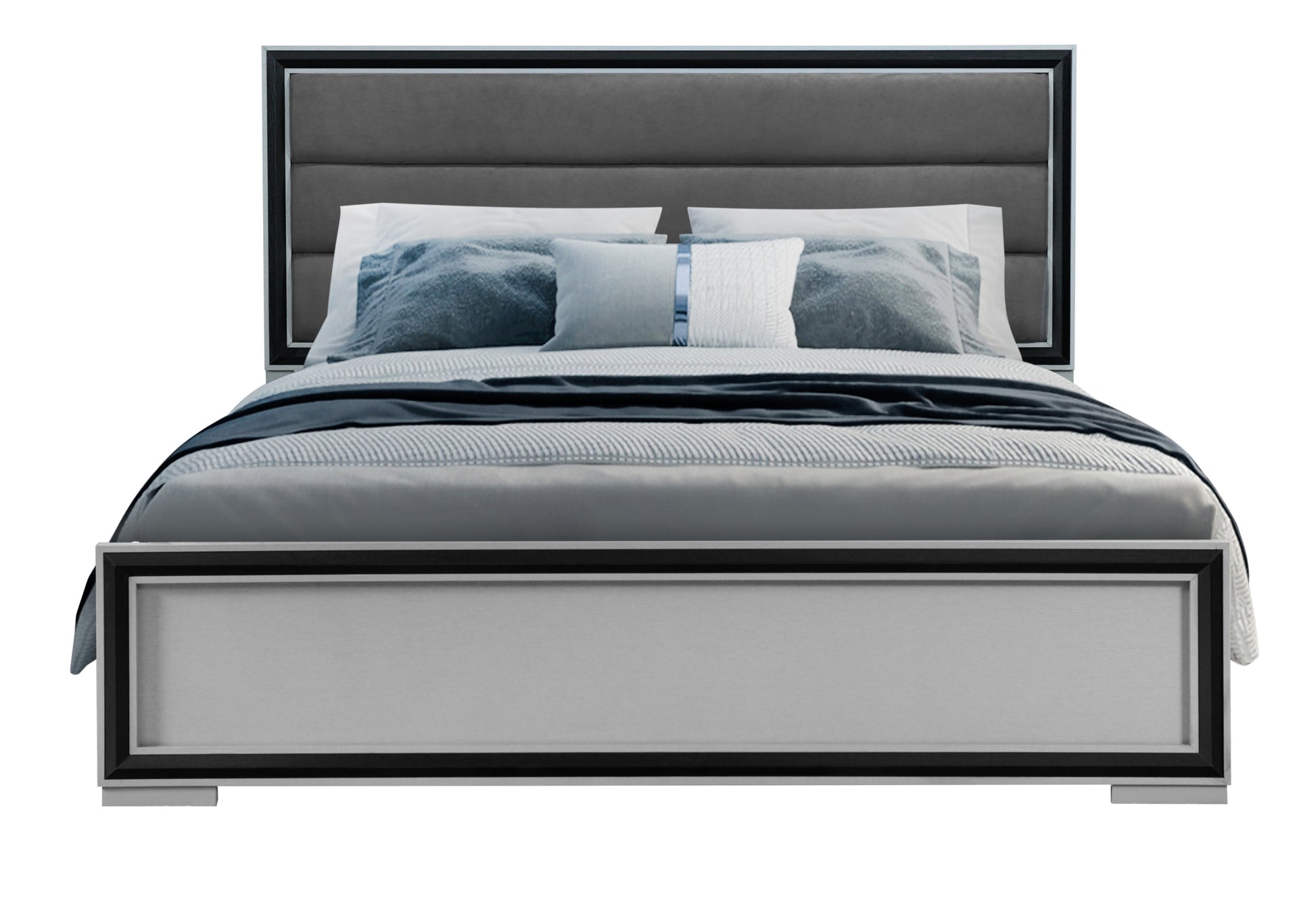Modern upholstered grey bed frame with silver trim and blue bedding