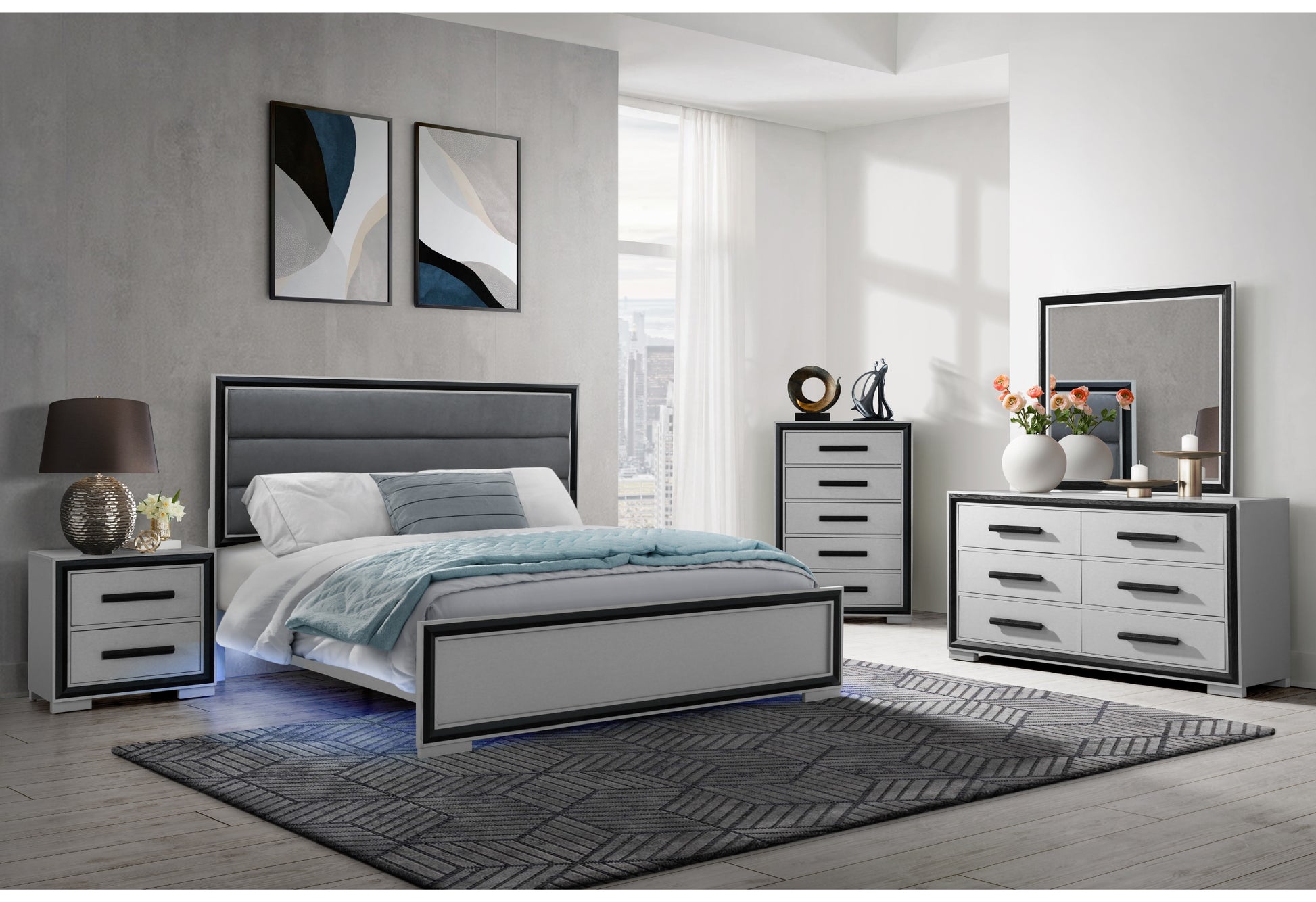 Grey upholstered modern bed frame with LED lighting and coordinating nightstand