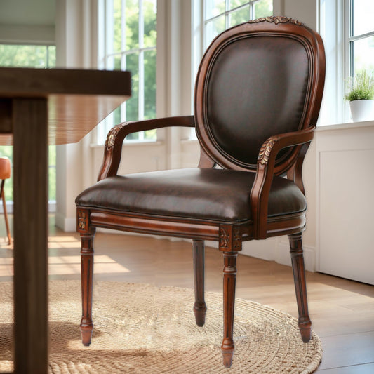 Dark brown leather armchair with carved wooden legs and frame elegant dining chair style