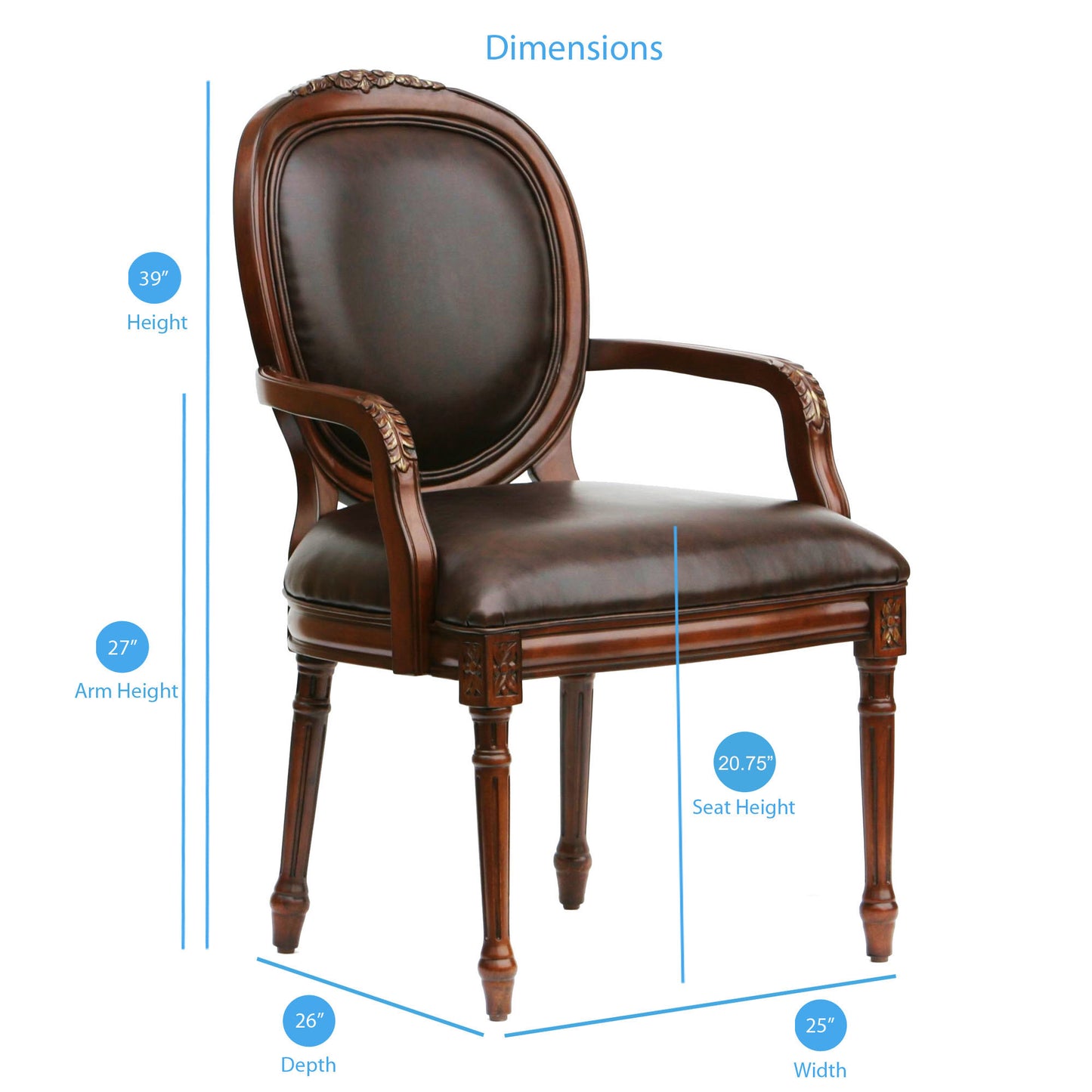 Dark brown leather armchair with ornate carved wood frame and trim  height