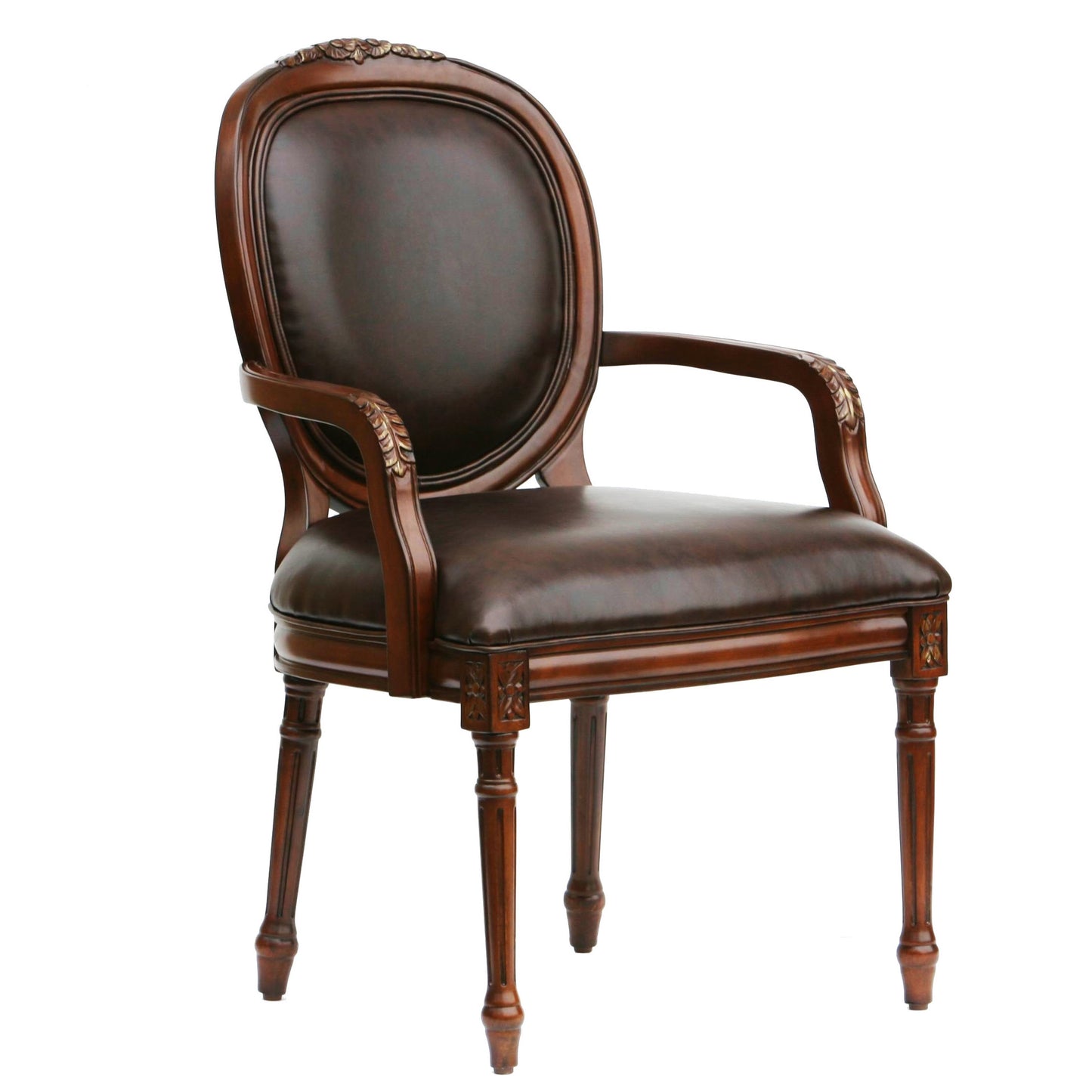 Classic Louis XV armchair in rich brown leather with ornate carved wood trim