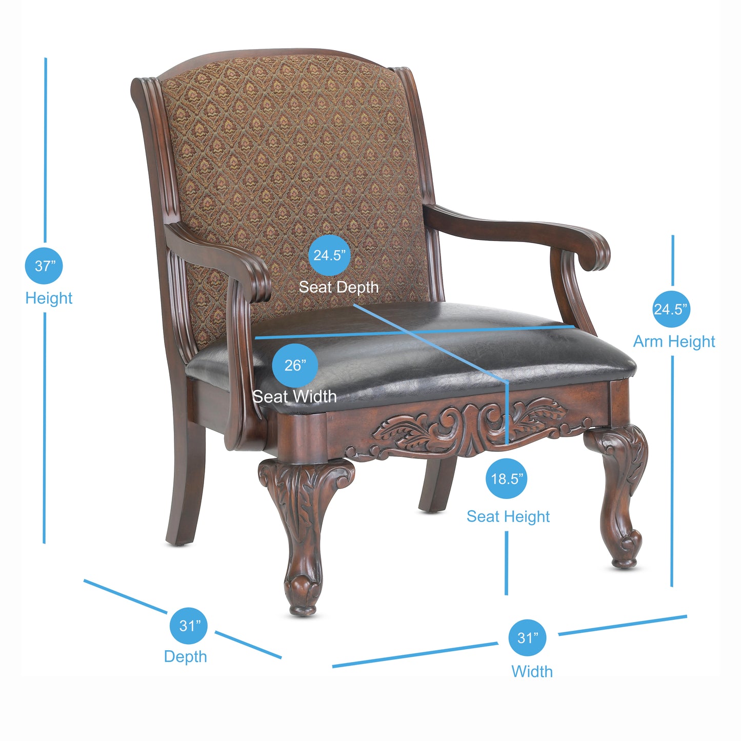 Ornate wooden armchair with dark brown leather seat and patterned fabric backrest
