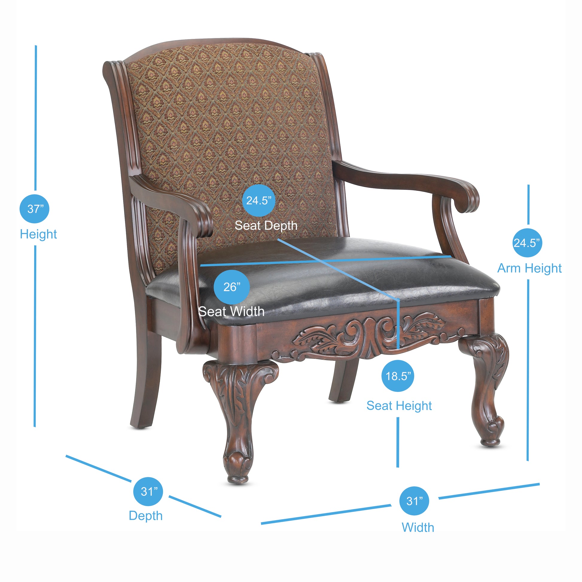 Ornate wooden armchair with dark brown leather seat and patterned fabric backrest